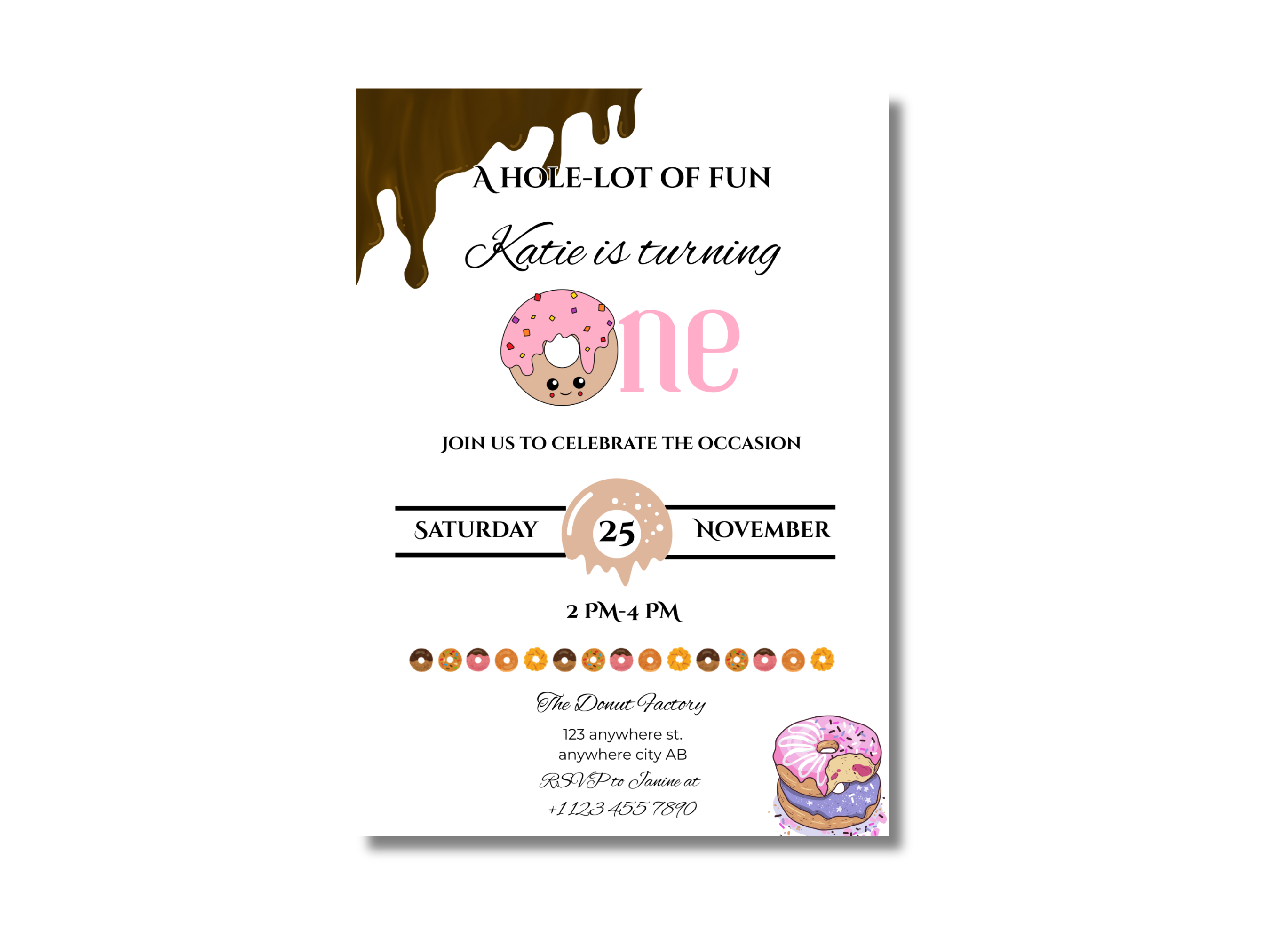 Invitation card for a birthday party with donut theme and text.