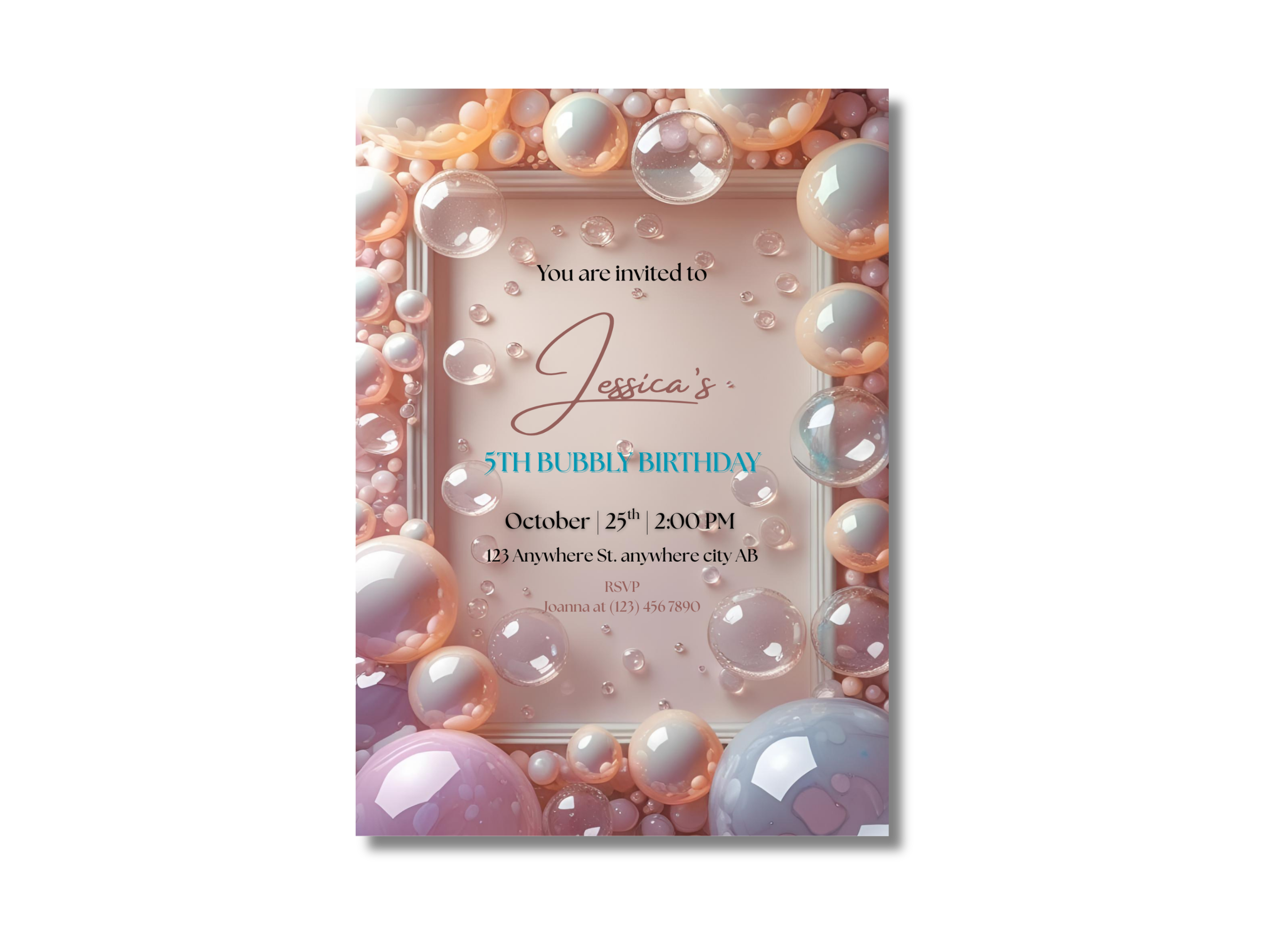 Baby shower invitation with decorative bubbles and a name on a white background