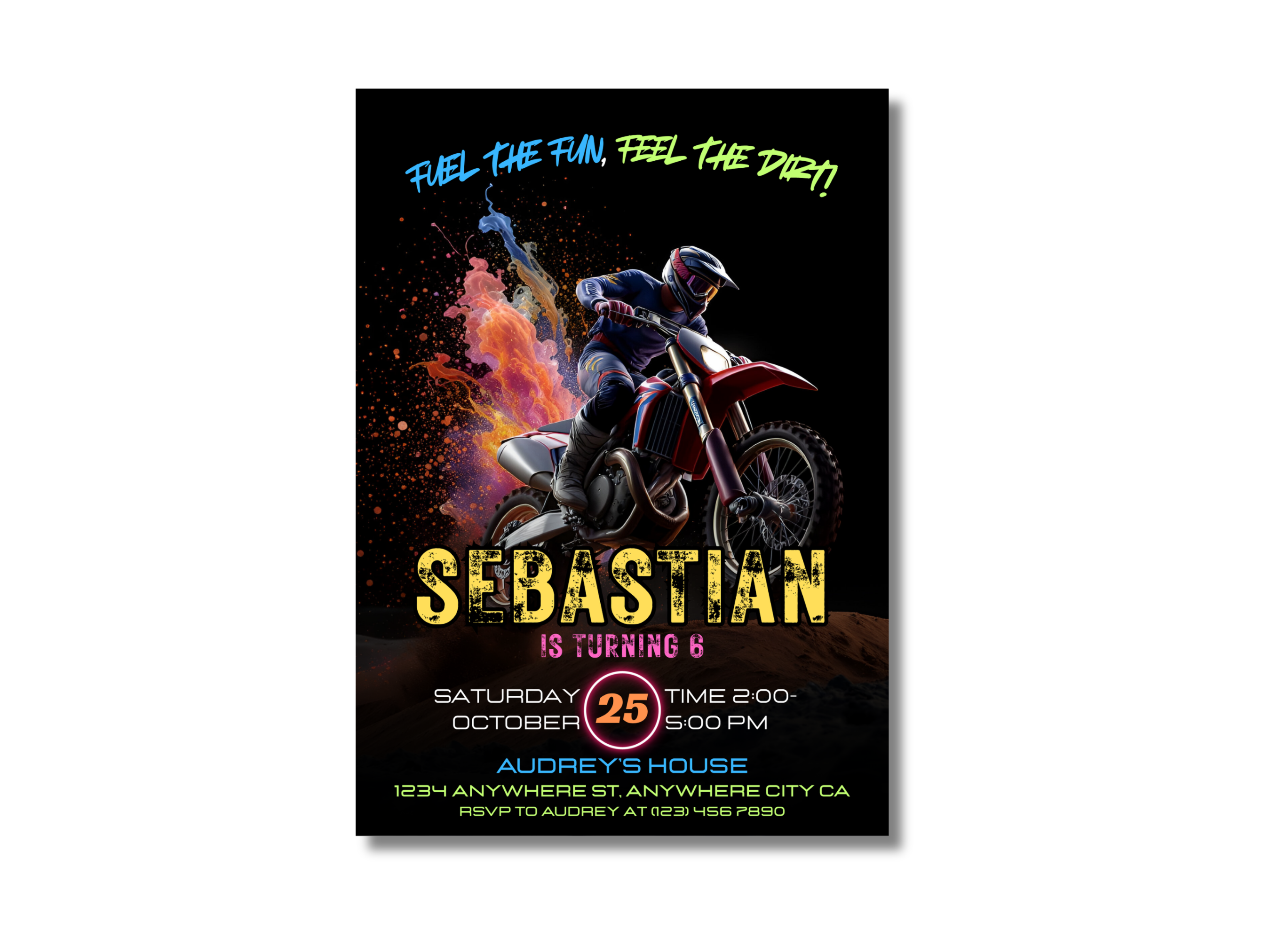 Birthday party invitation with a dirt bike rider and colorful text on a dark background
