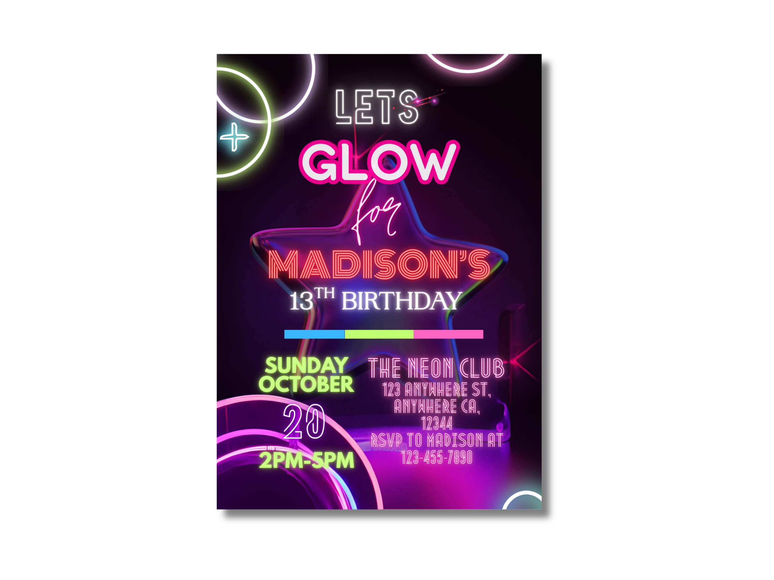 Neon-themed birthday party invitation with colorful text on a dark background