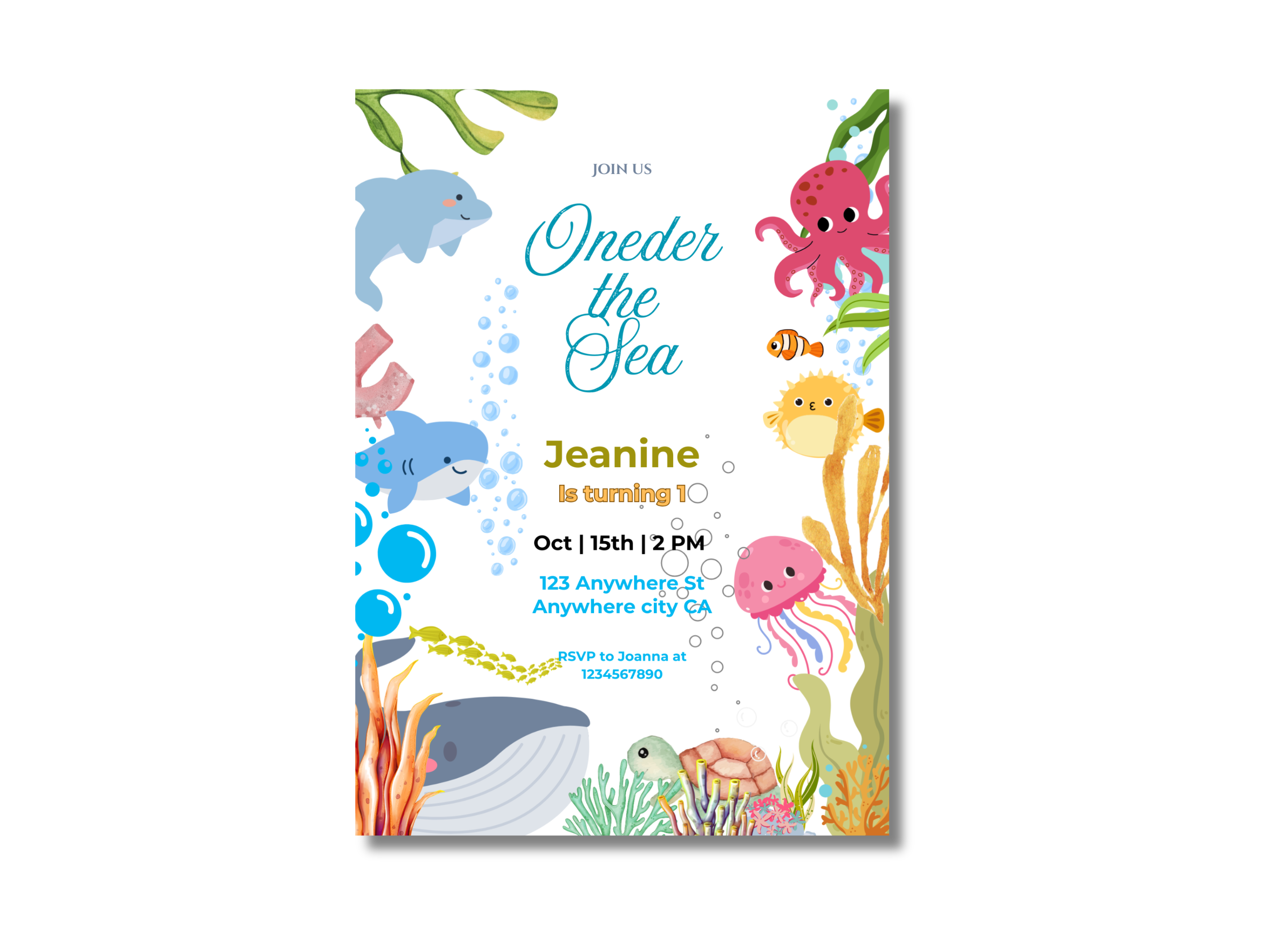Underwater-themed birthday invitation with sea animals on a white background