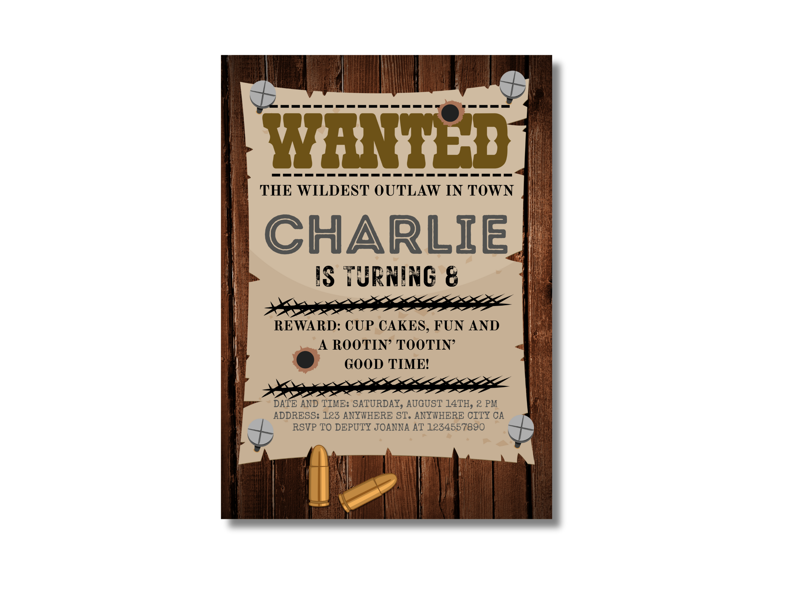 Western-themed birthday invitation with 'Wanted' poster design on a wooden background