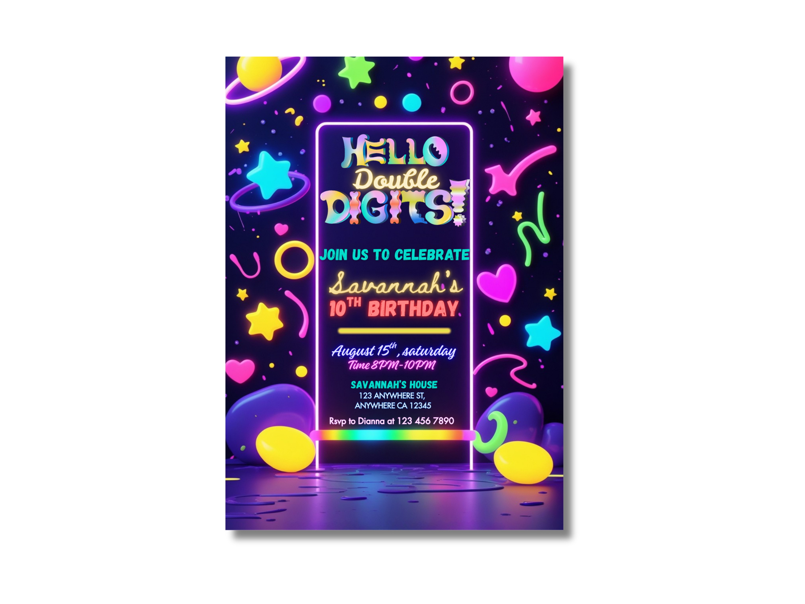 Neon birthday invitation card with colorful space-themed design on a white background