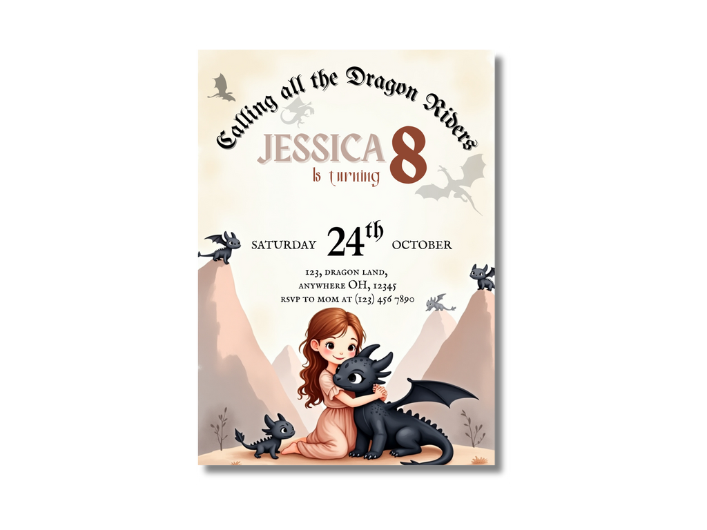 Birthday invitation card with a girl and dragon design, featuring text for a 8-year-old's birthday party.