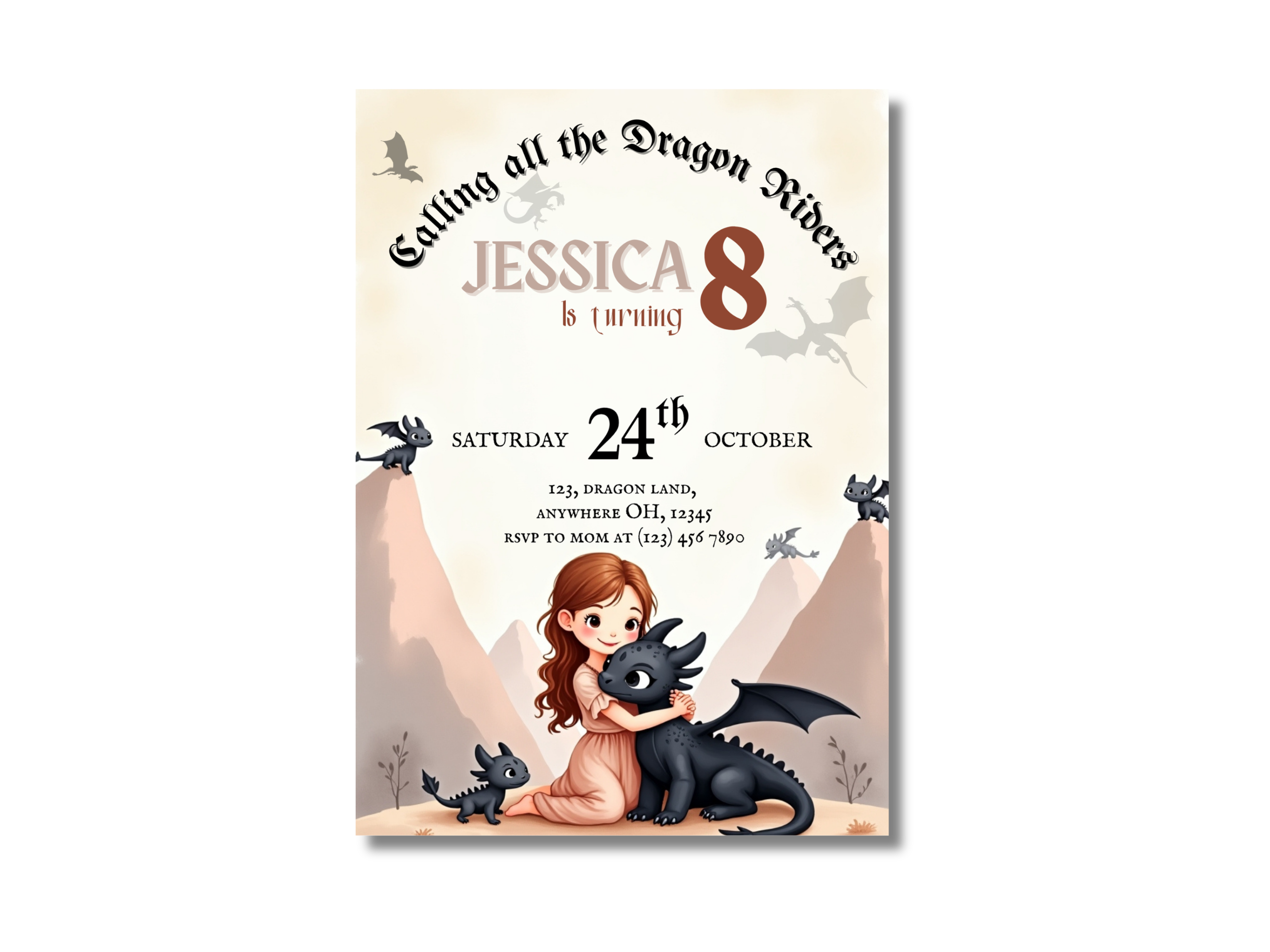 Birthday invitation card with a girl and dragon design, featuring text for a 8-year-old's birthday party.