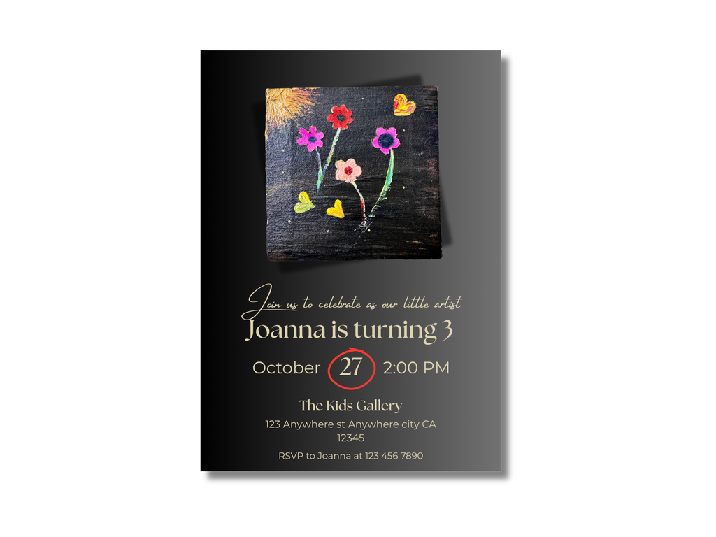Invitation card for a child's birthday party with colorful flowers on a black background