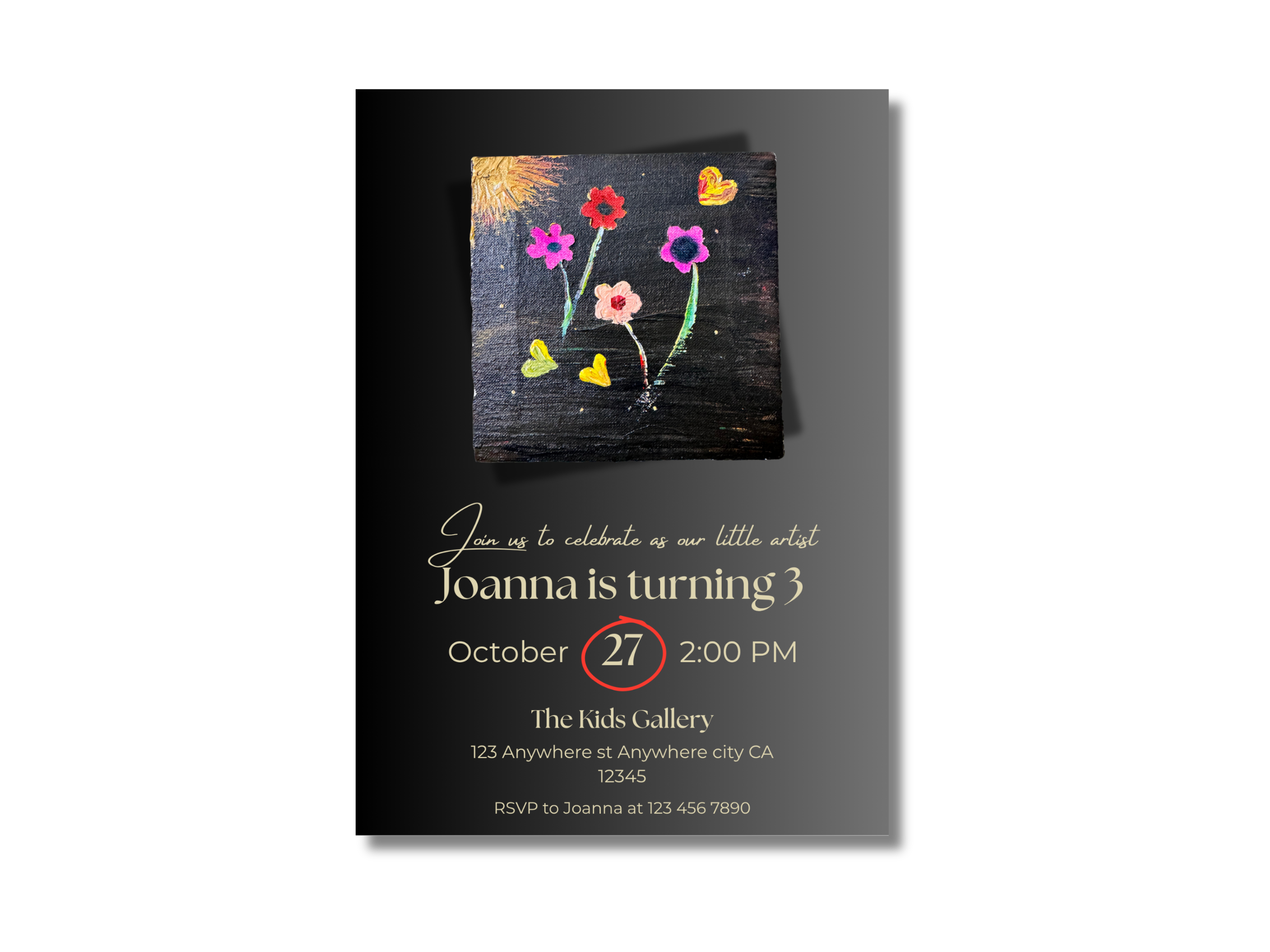Invitation card for a child's birthday party with colorful flowers on a black background
