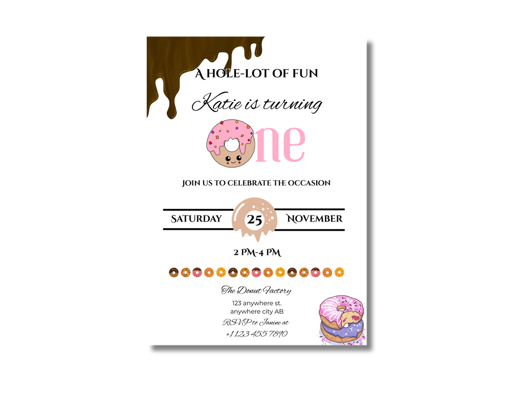 Invitation card for a birthday party with donut theme and text.