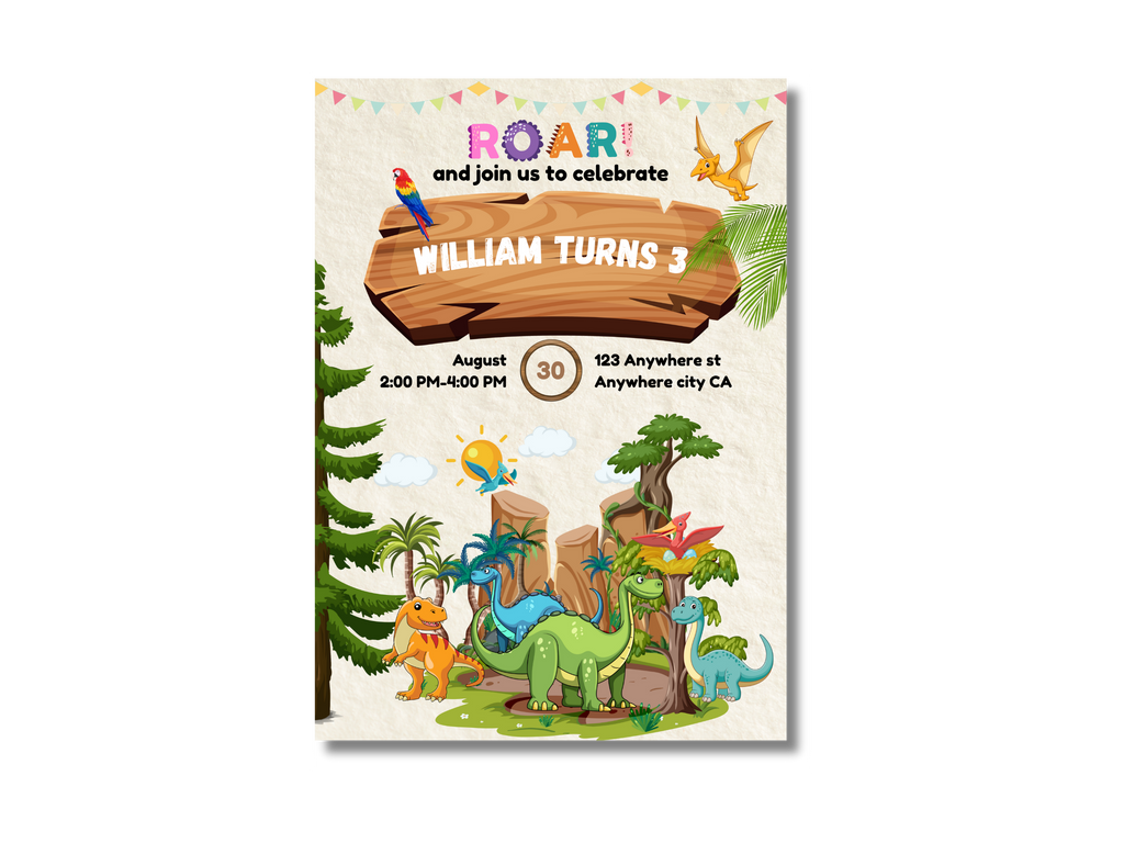 Children's birthday party invitation with dinosaurs and a wooden sign.
