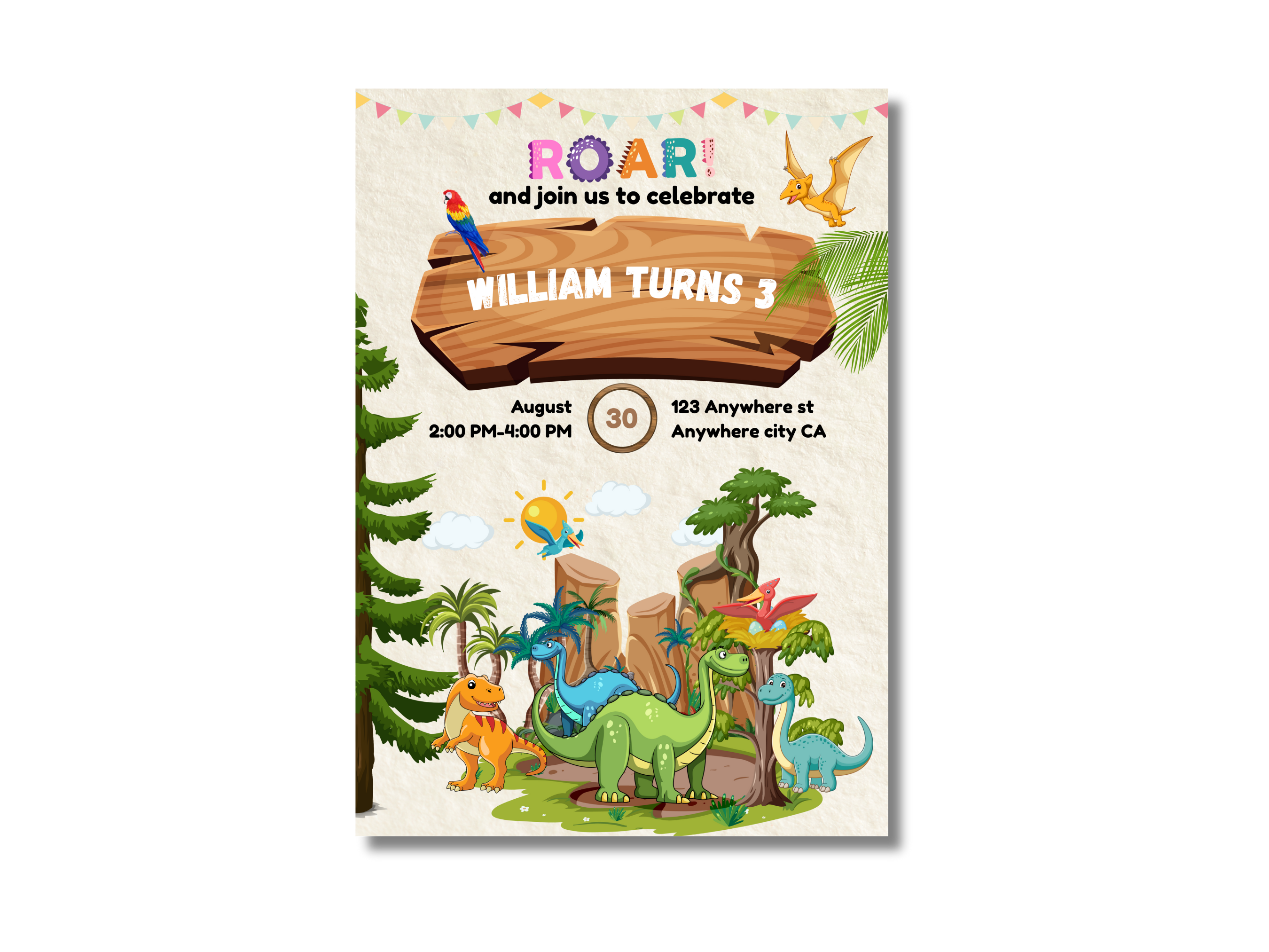 Children's birthday party invitation with dinosaurs and a wooden sign.