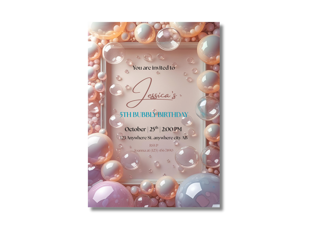 Baby shower invitation with decorative bubbles and a name on a white background