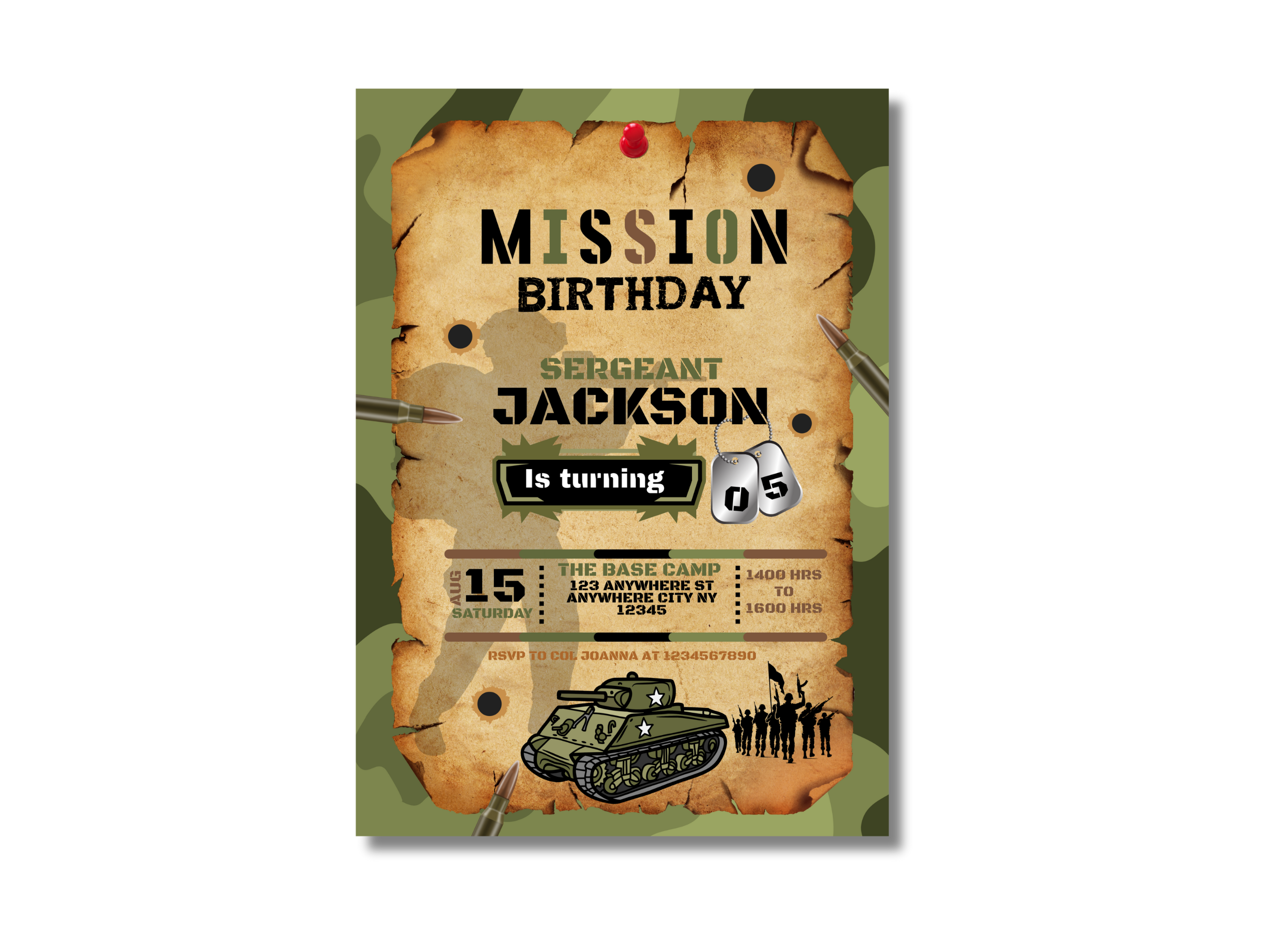 Birthday invitation card with military theme and text 'Mission Birthday Sergeant Jackson is turning 15'.