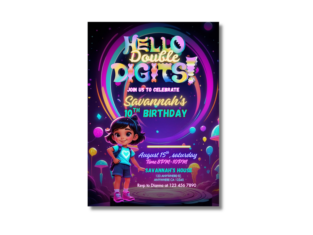 Birthday invitation card with a colorful design featuring a character and text.