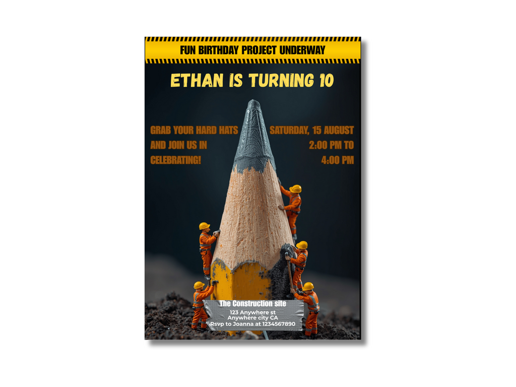 Invitation card for a birthday party with construction theme and pencil design.