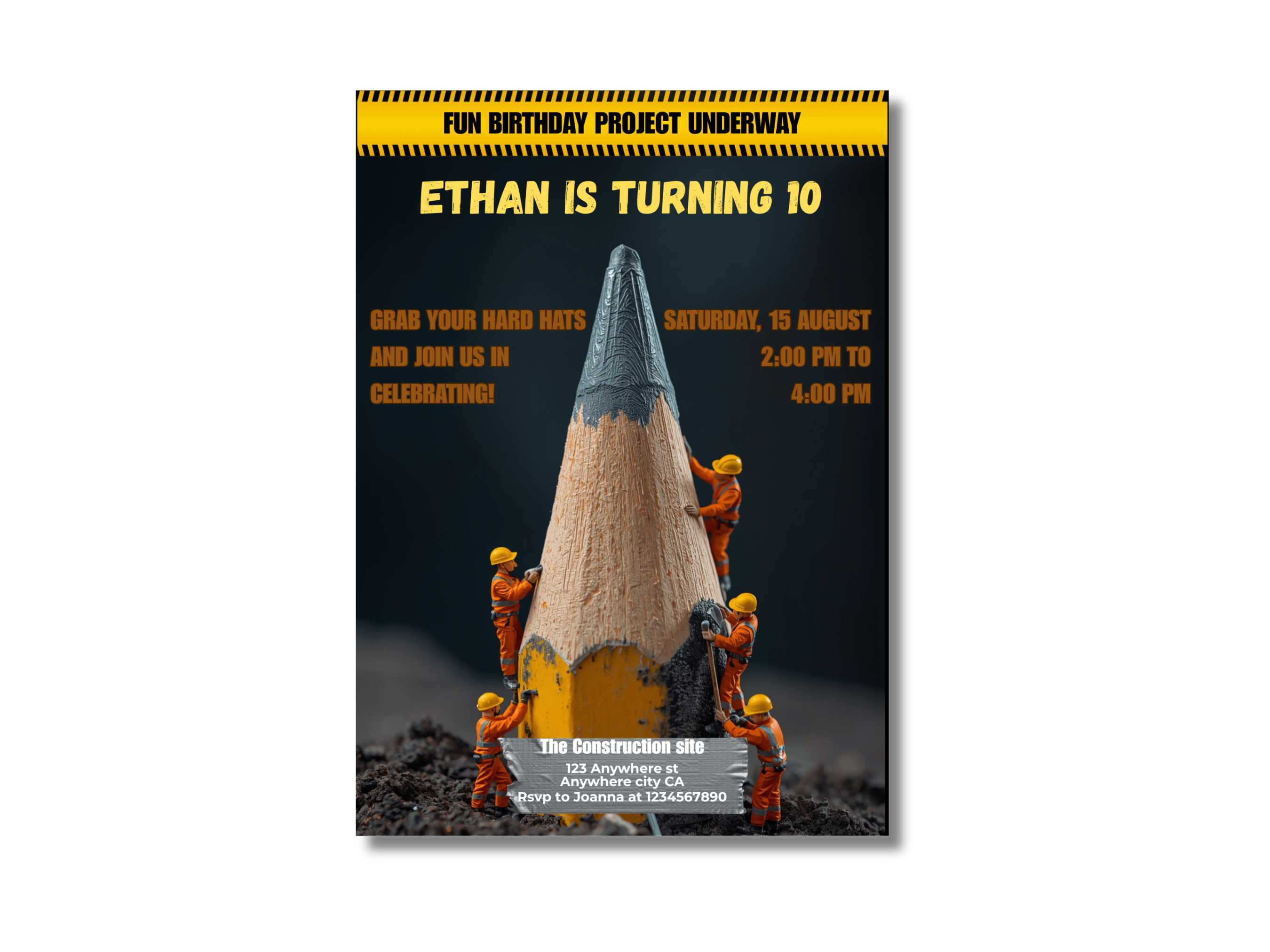 Invitation card for a birthday party with construction theme and pencil design.