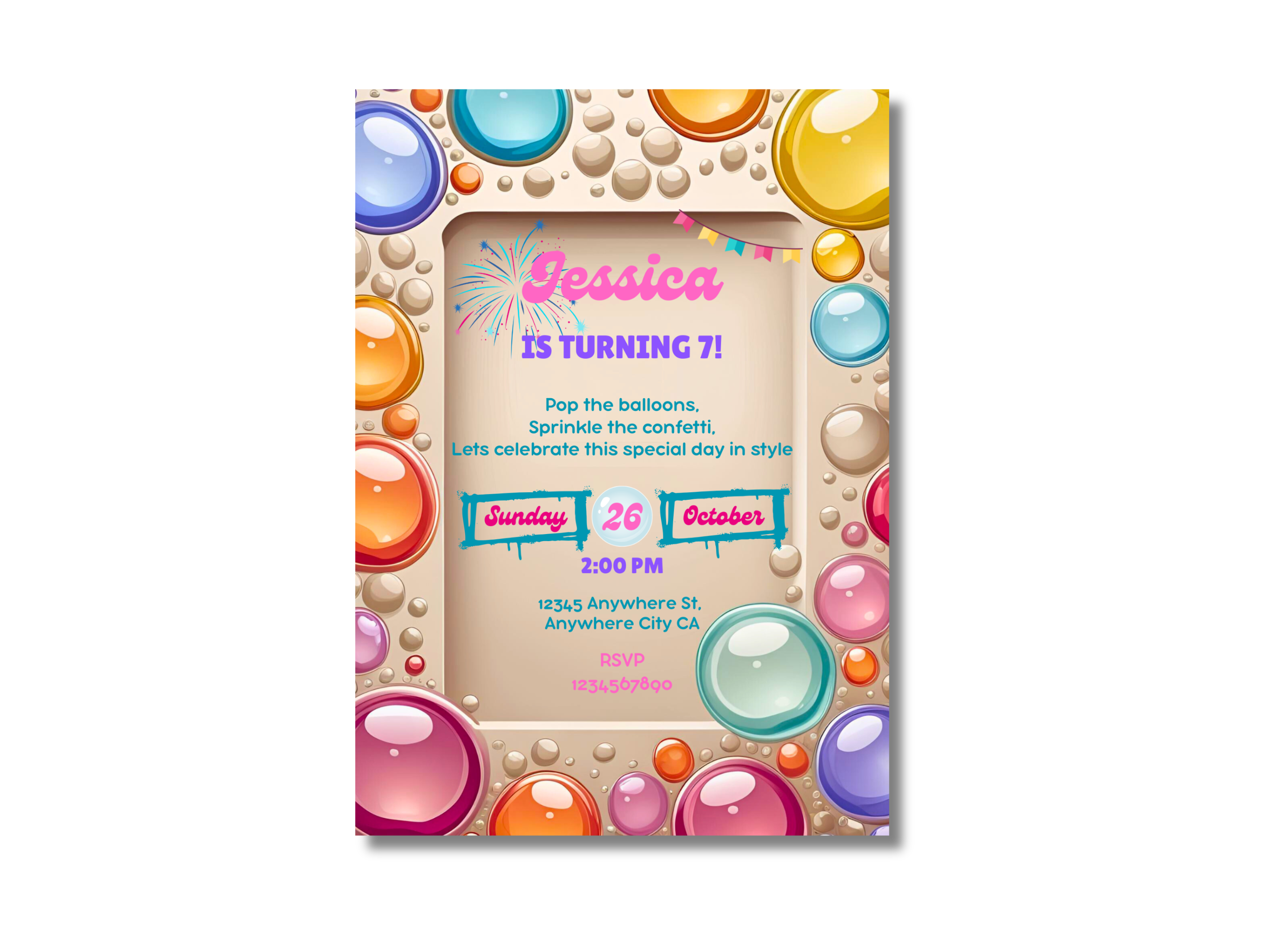 Colorful birthday invitation with balloons and confetti design on a beige background