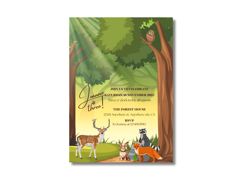 Invitation card with forest animals and trees on a white background