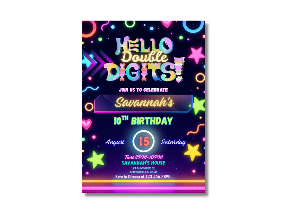 Colorful birthday invitation with 'Hello Double Digits!' text and party details.
