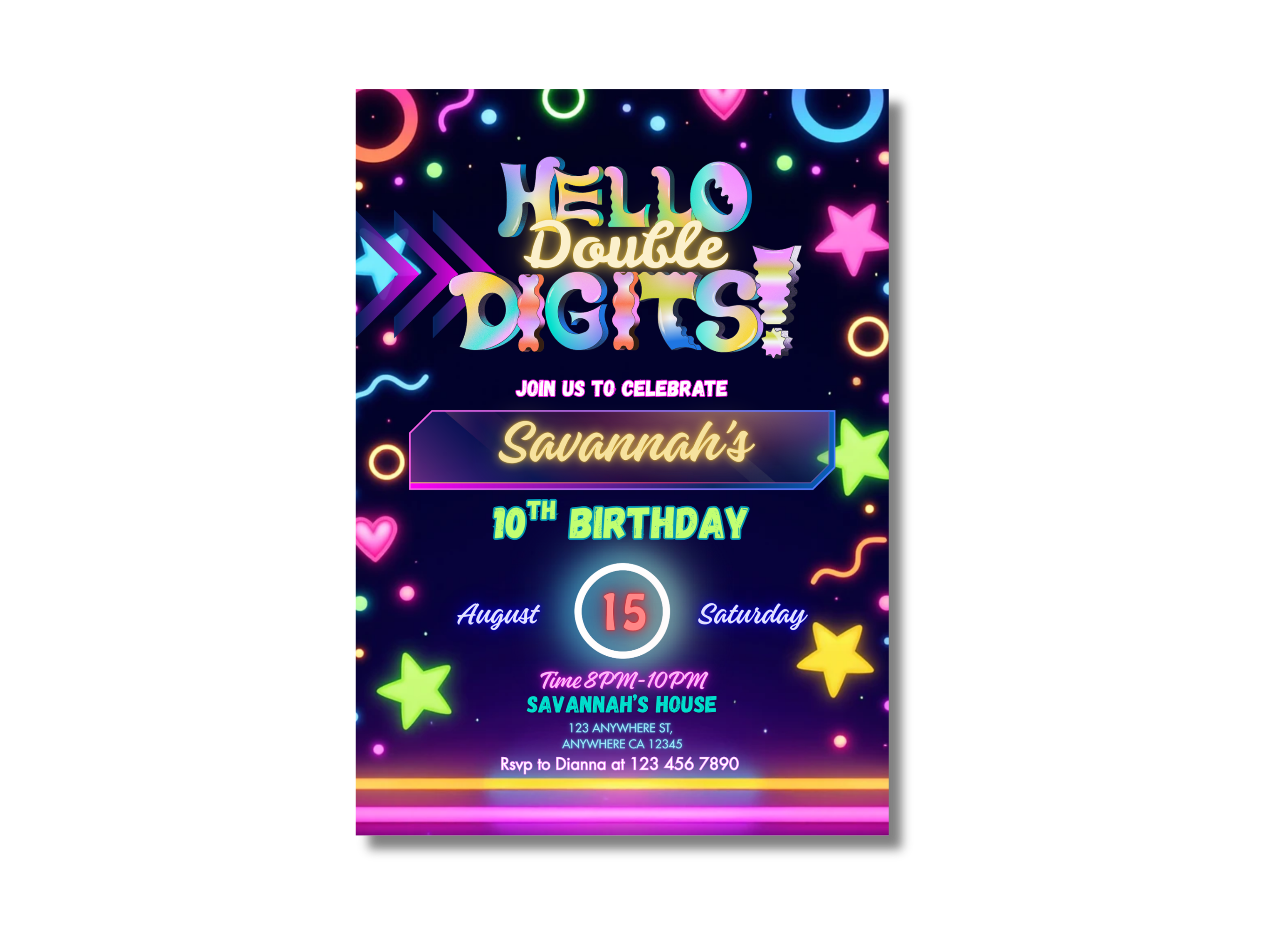 Colorful birthday invitation with 'Hello Double Digits!' text and party details.