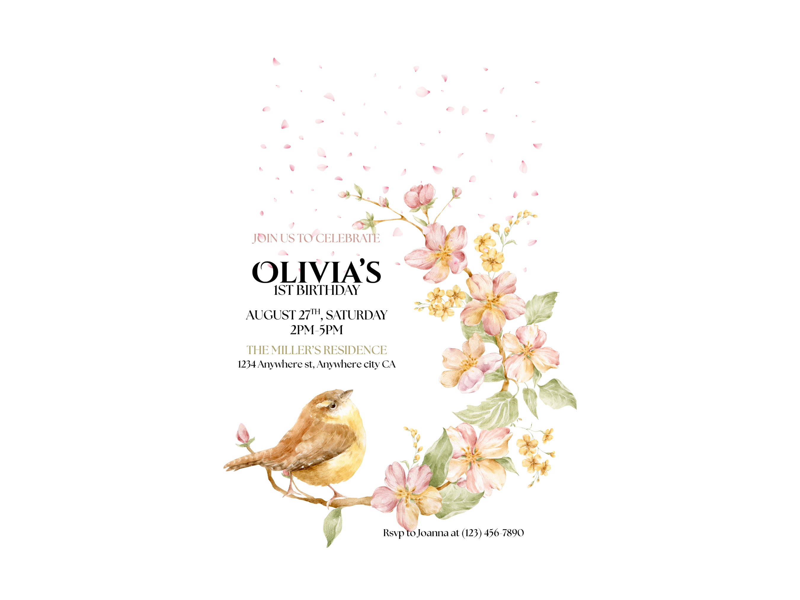 Birthday invitation card with floral design and bird illustration on a white background