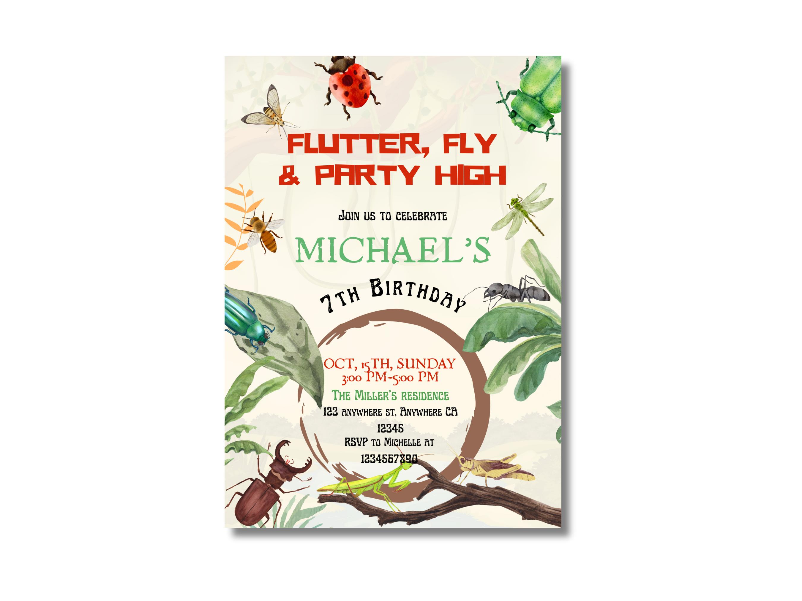 Birthday party invitation with insect illustrations and text on a white background