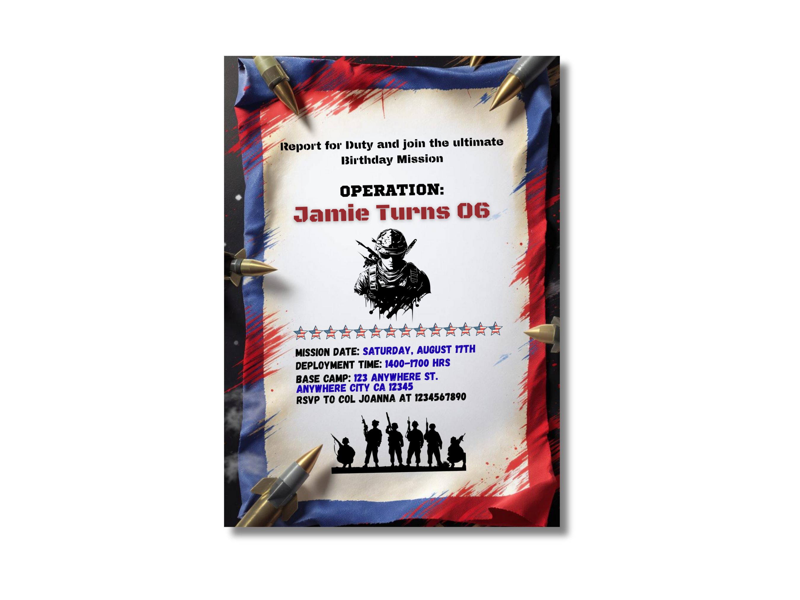 Invitation card with military theme and American flag design on a white background