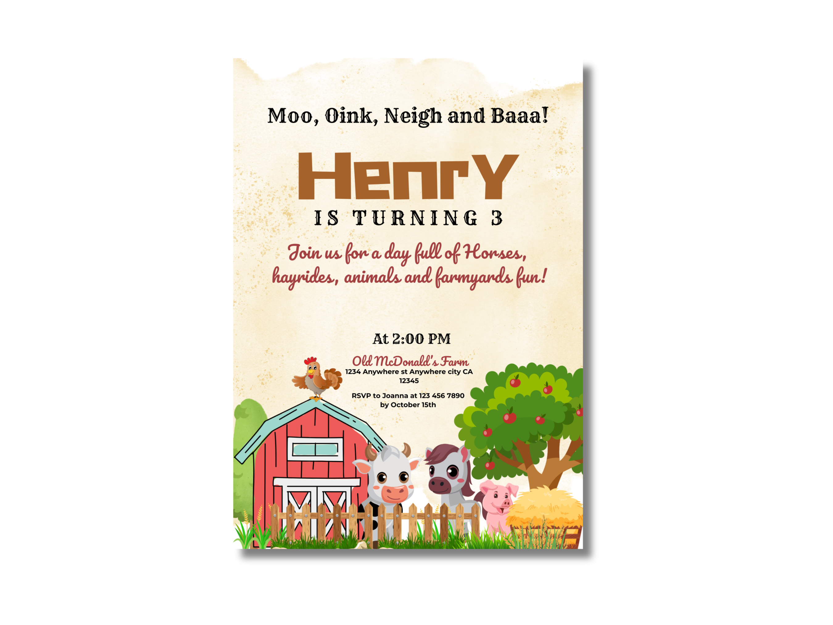 Farm-themed birthday invitation with animals and barn, featuring text about a child's third birthday party.