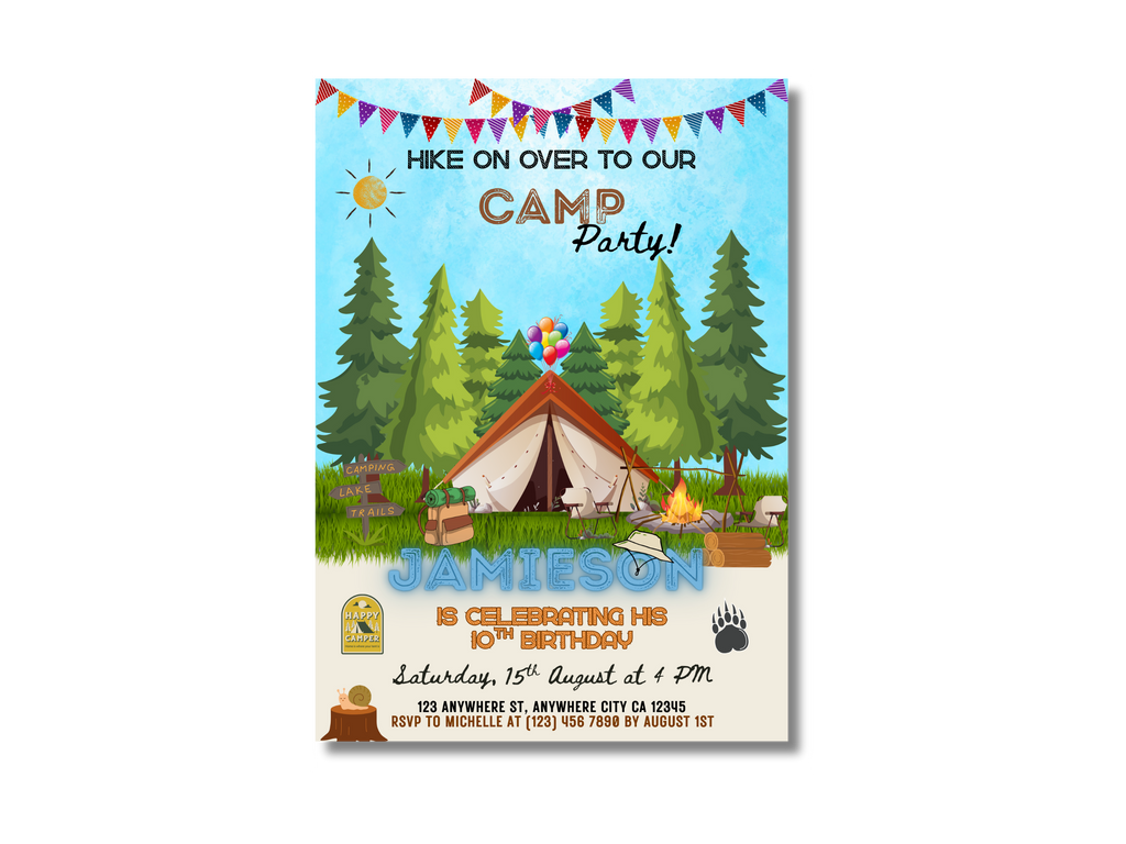 Children's birthday party invitation with a camping theme, featuring a tent, trees, and balloons.