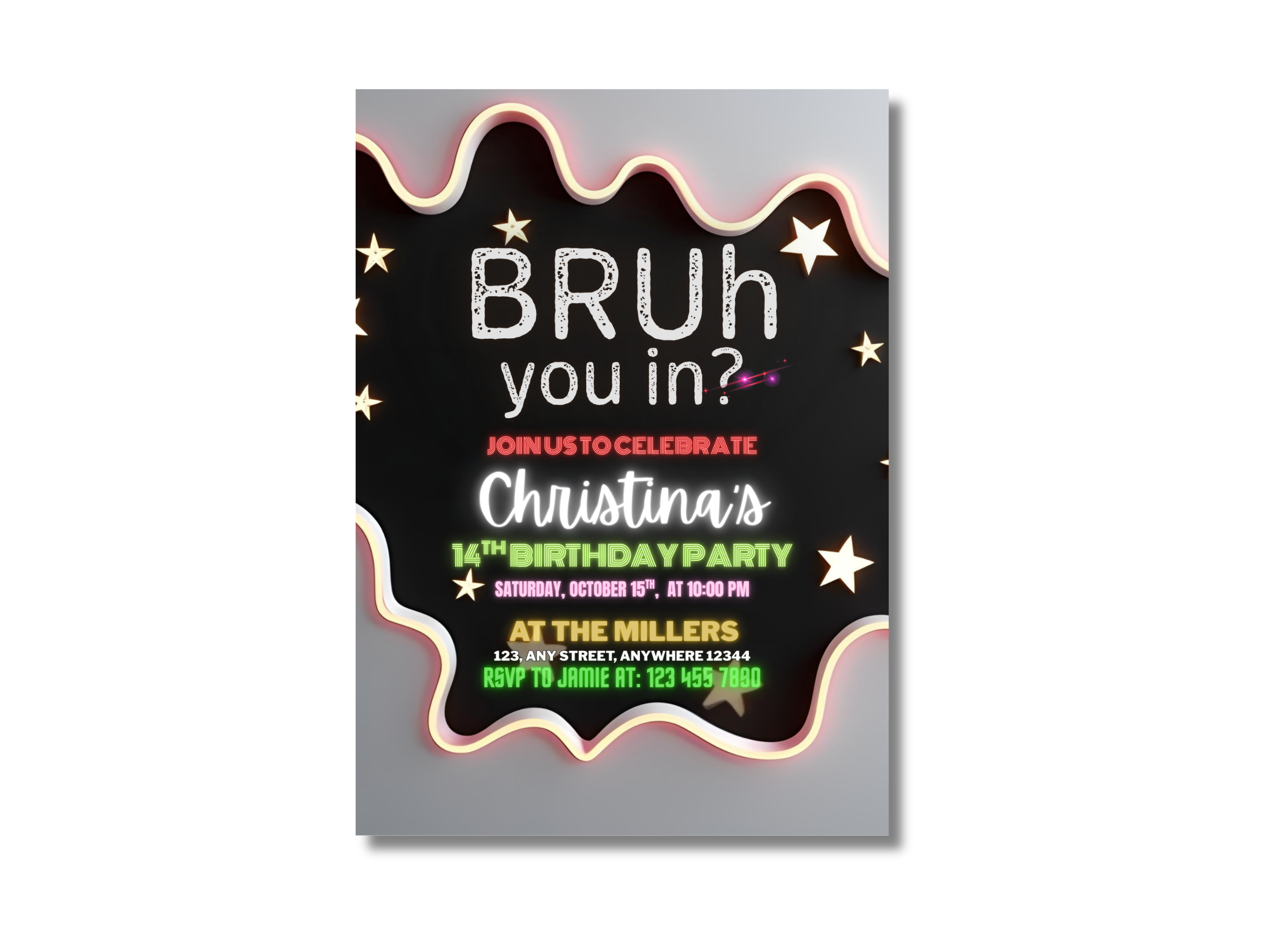 Birthday party invitation with colorful text on a black background
