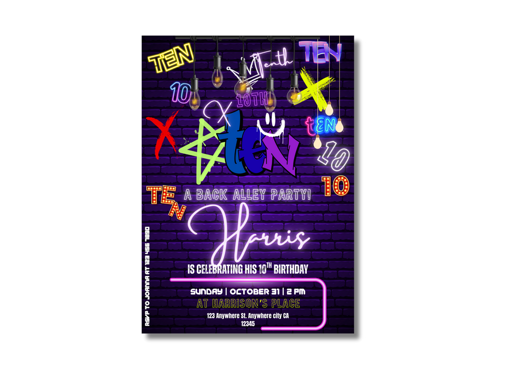 Neon-style birthday party invitation with colorful text on a black background