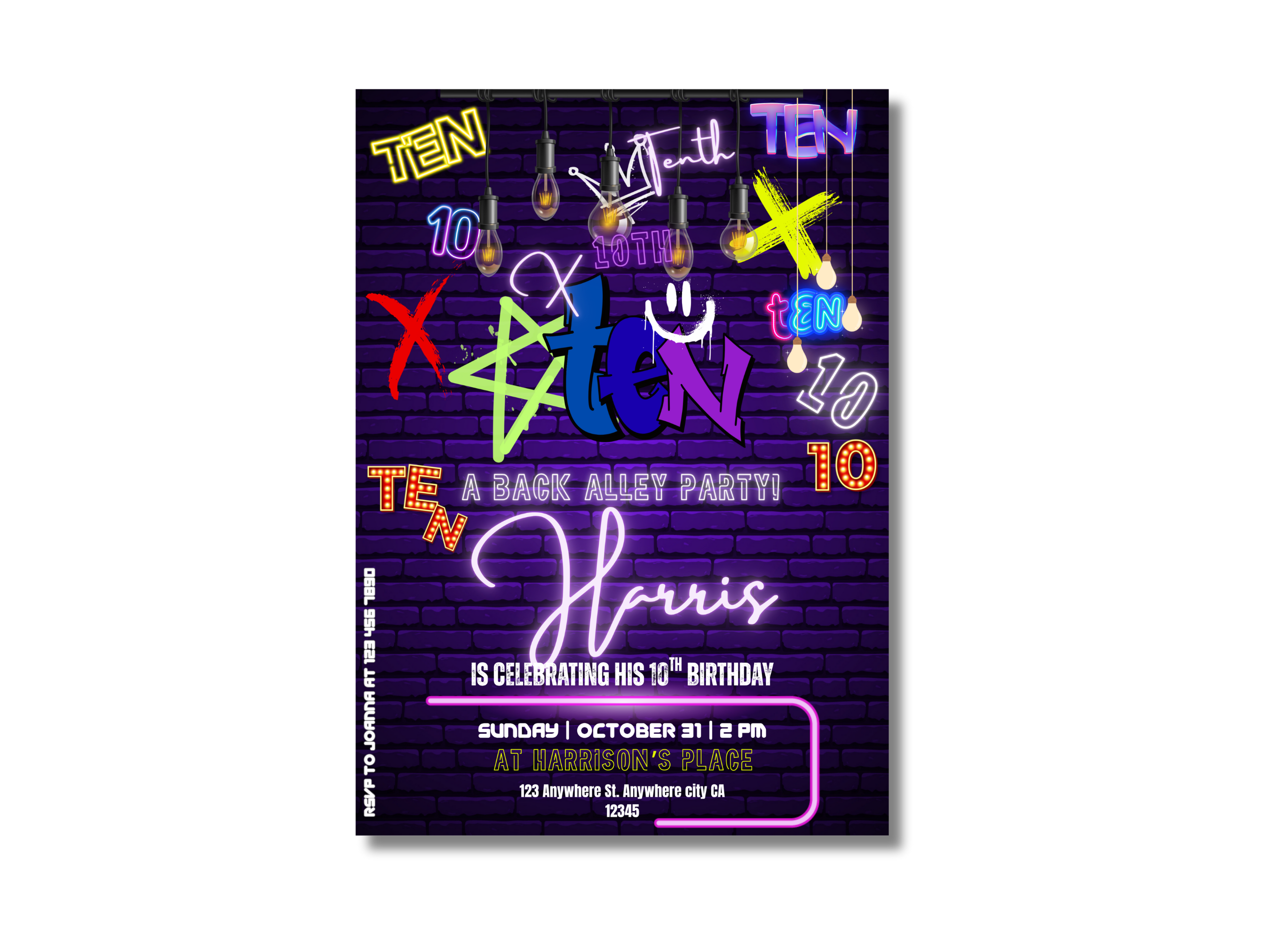 Neon-style birthday party invitation with colorful text on a black background