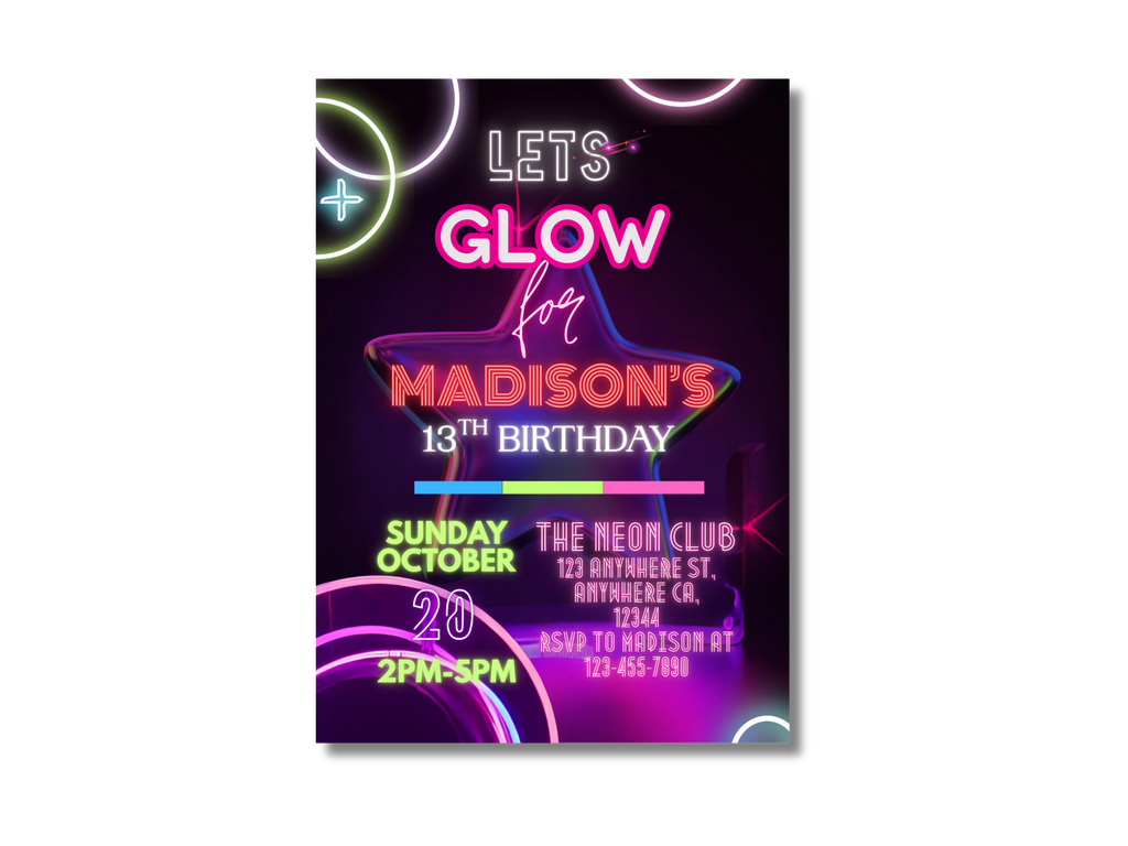 Neon-themed birthday party invitation with colorful text on a dark background