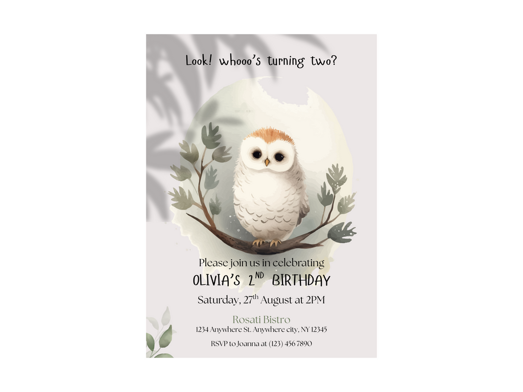Birthday invitation card with an owl design on a white background