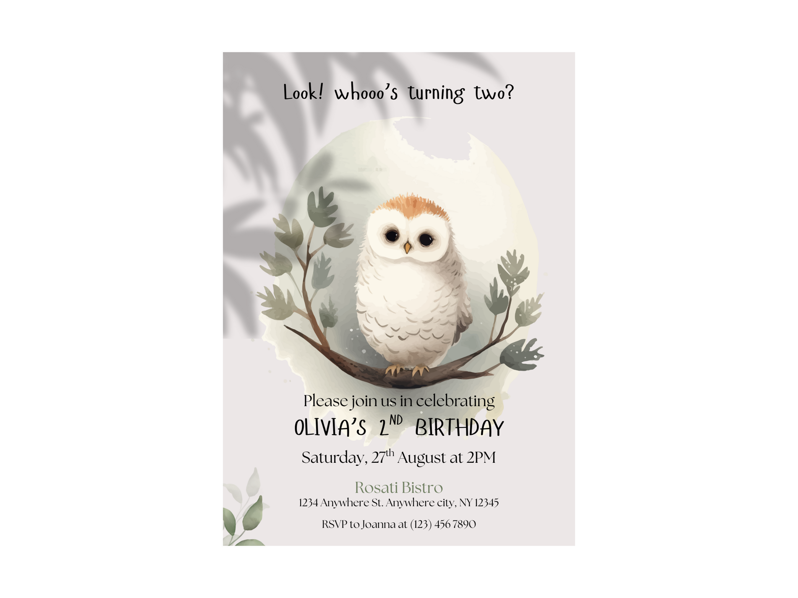 Birthday invitation card with an owl design on a white background