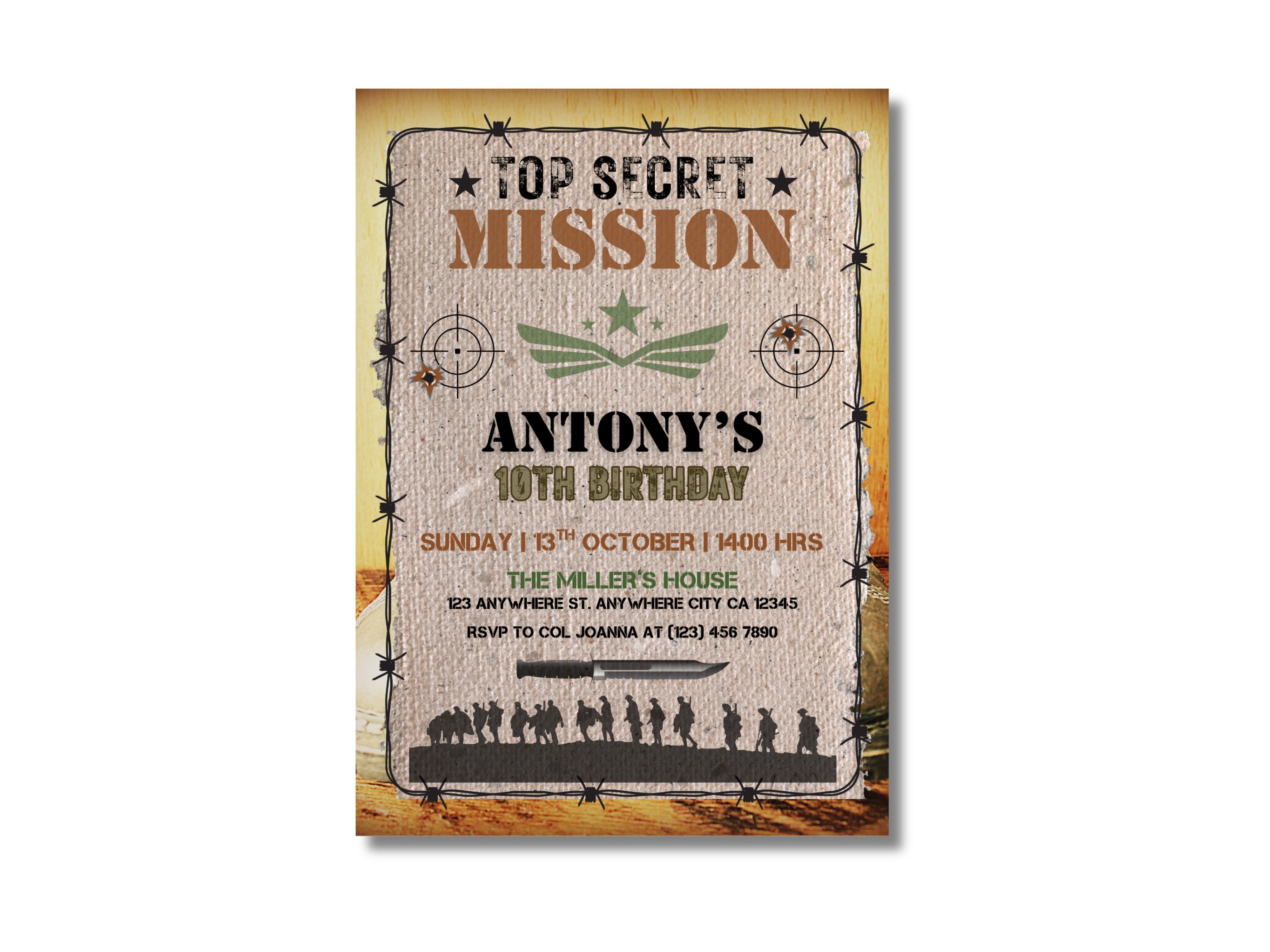 Birthday invitation card with military theme design on a white background