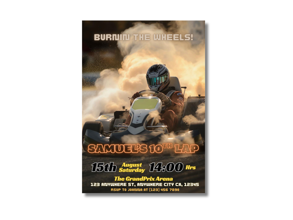 Promotional poster for a racing event with a driver in a helmet and racing suit.