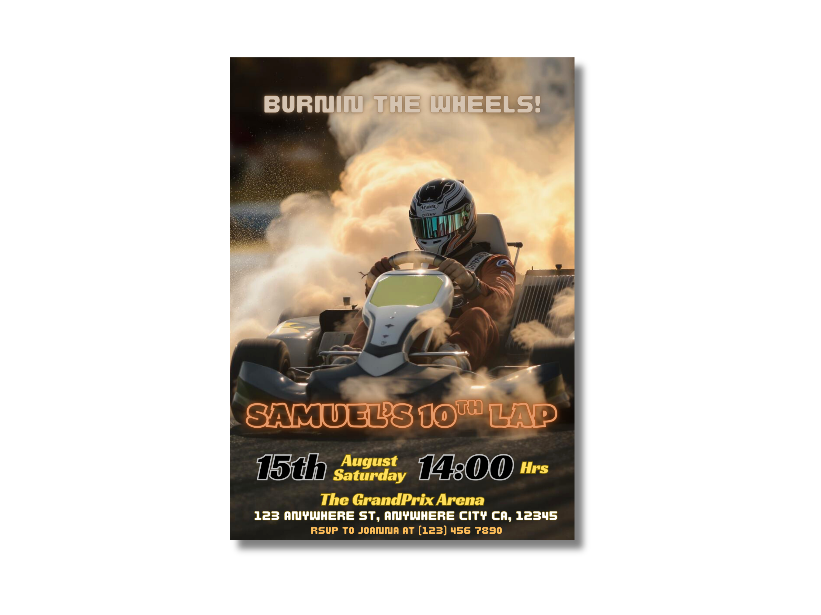 Promotional poster for a racing event with a driver in a helmet and racing suit.