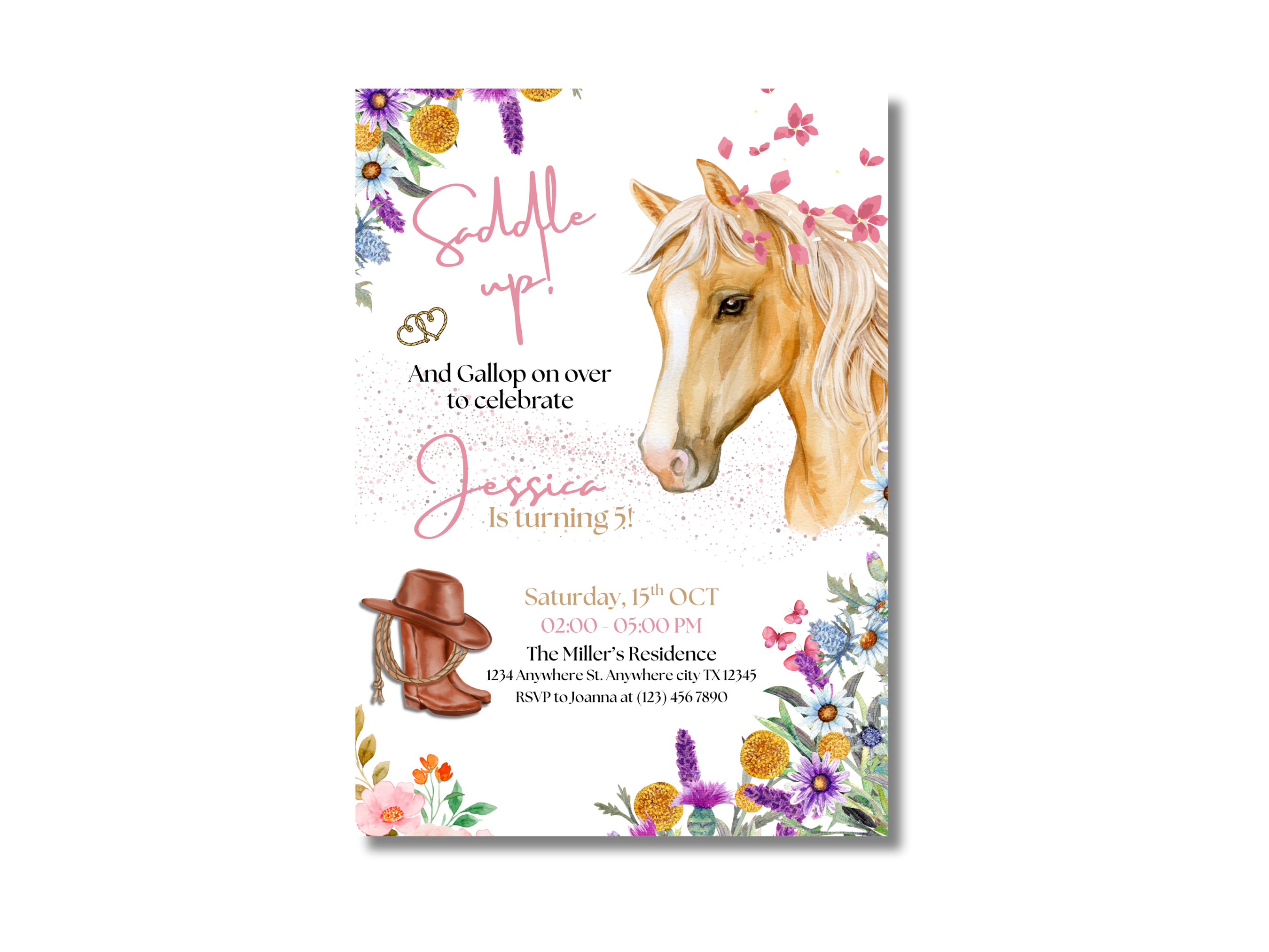 Invitation card with horse illustration and floral elements on a white background