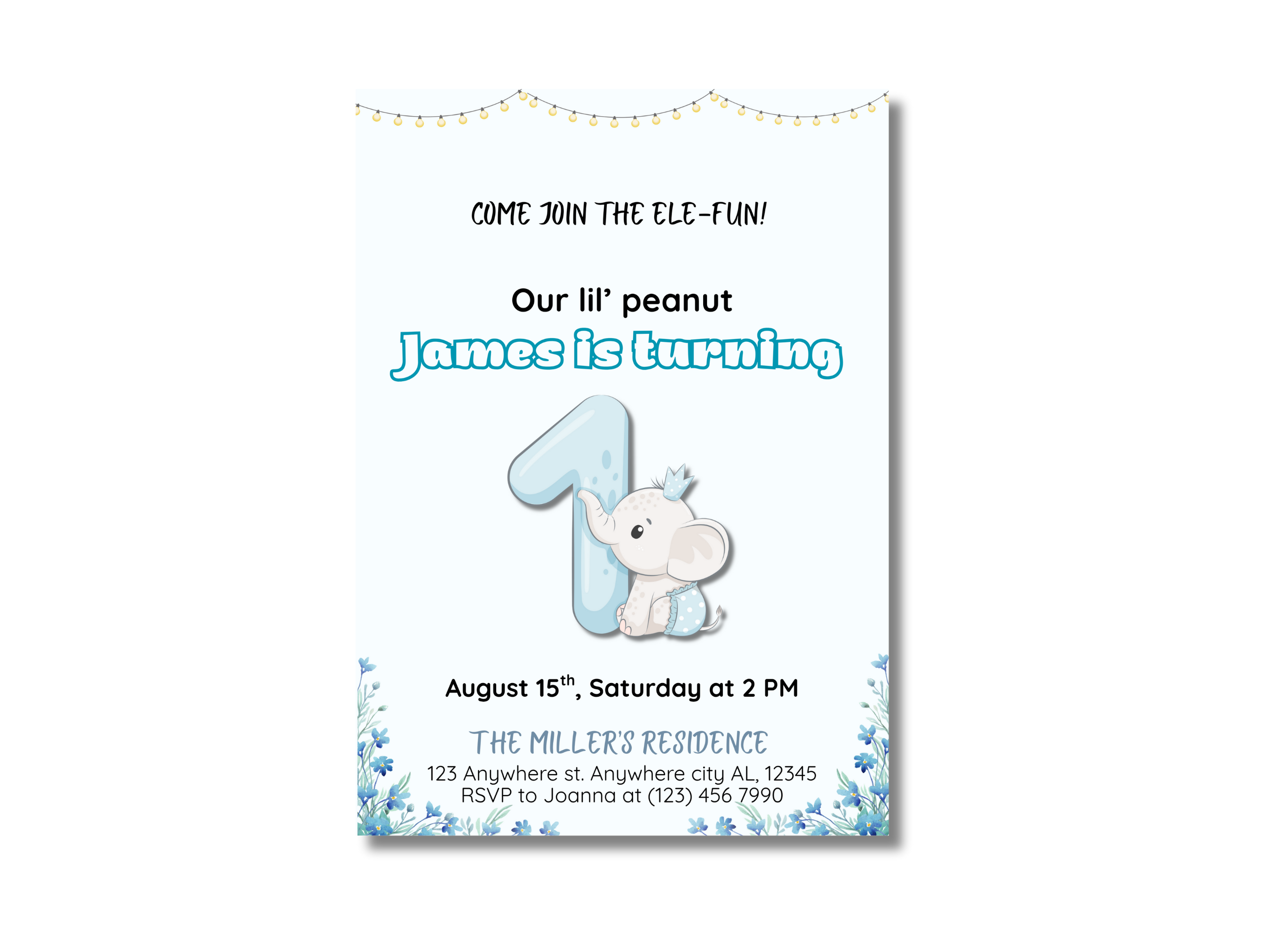 Invitation card with elephant design and text for a birthday party
