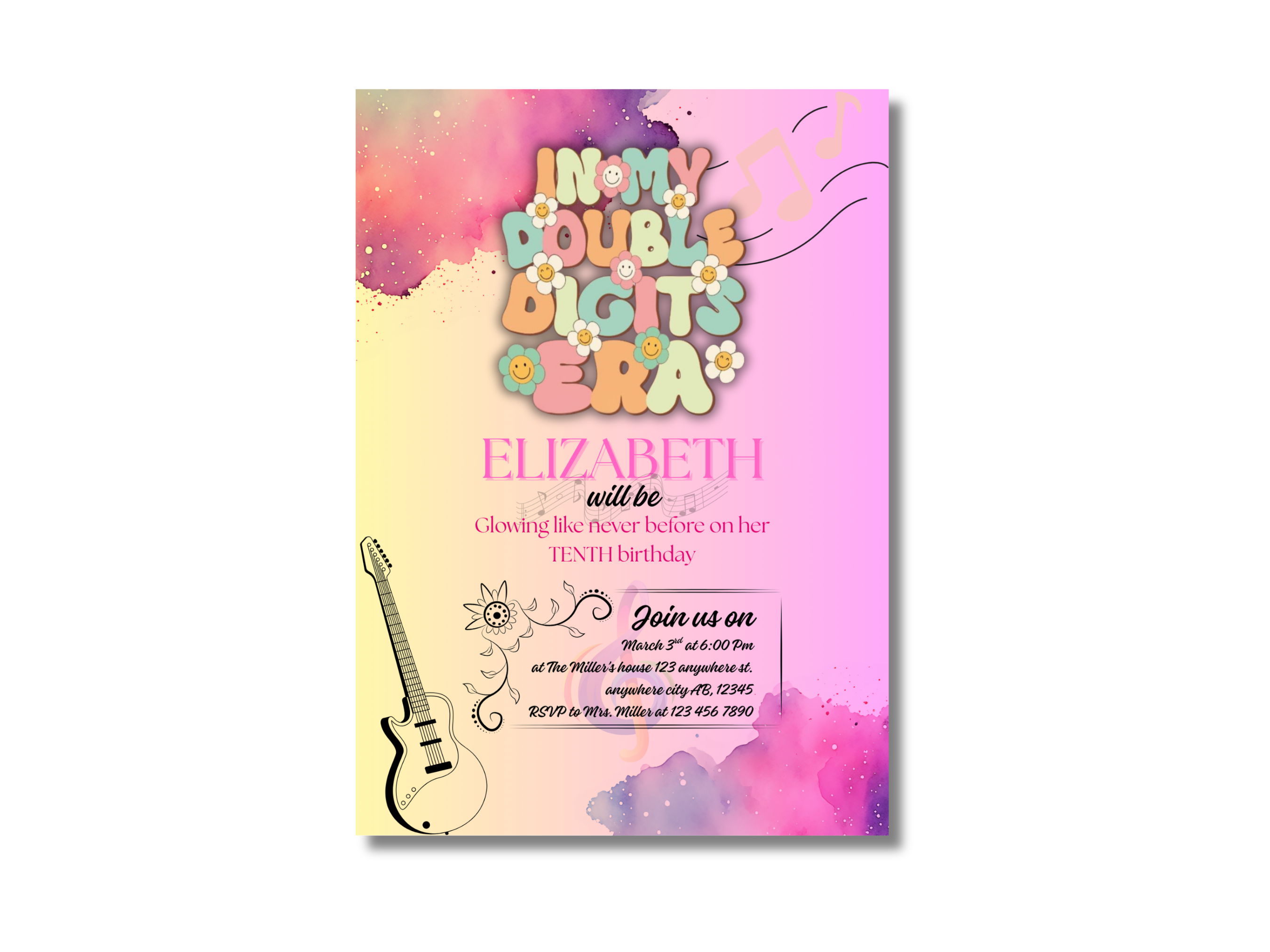 Colorful birthday invitation card with guitar and floral design on a pink and yellow watercolor background.