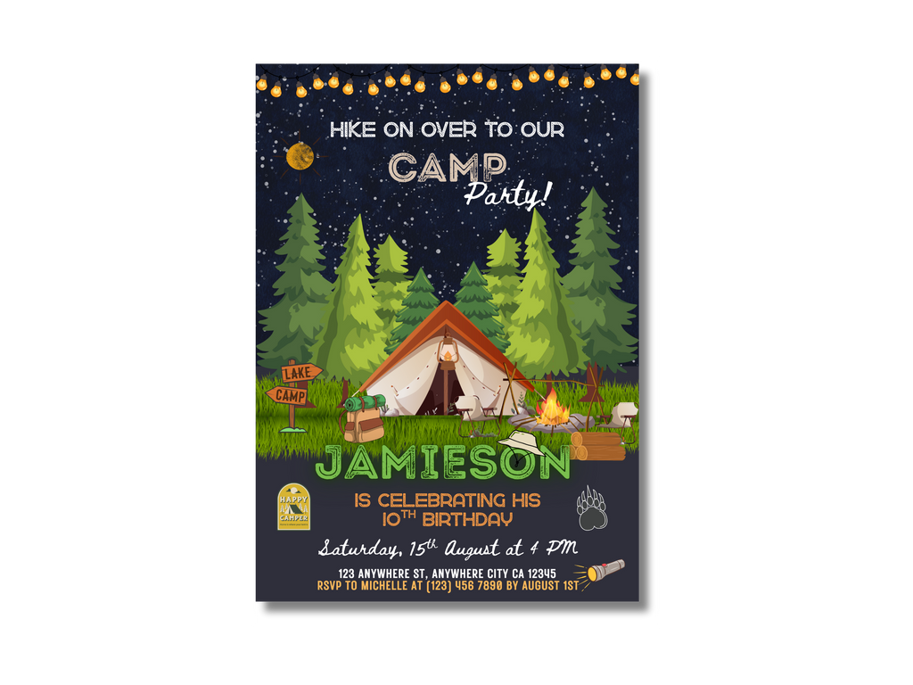 Invitation card for a camping-themed birthday party with a tent, campfire, and night sky.