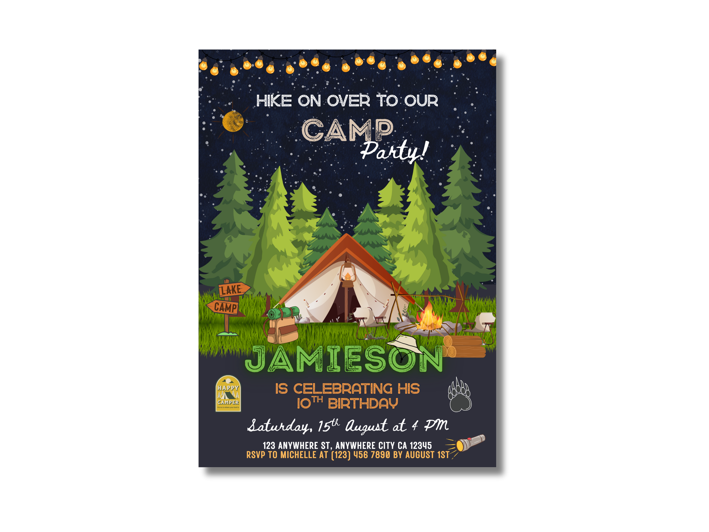 Invitation card for a camping-themed birthday party with a tent, campfire, and night sky.