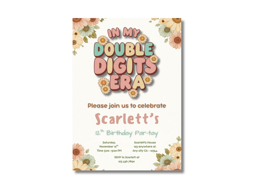 Birthday party invitation with floral design and text 'In My Double Digits Era' on a white background