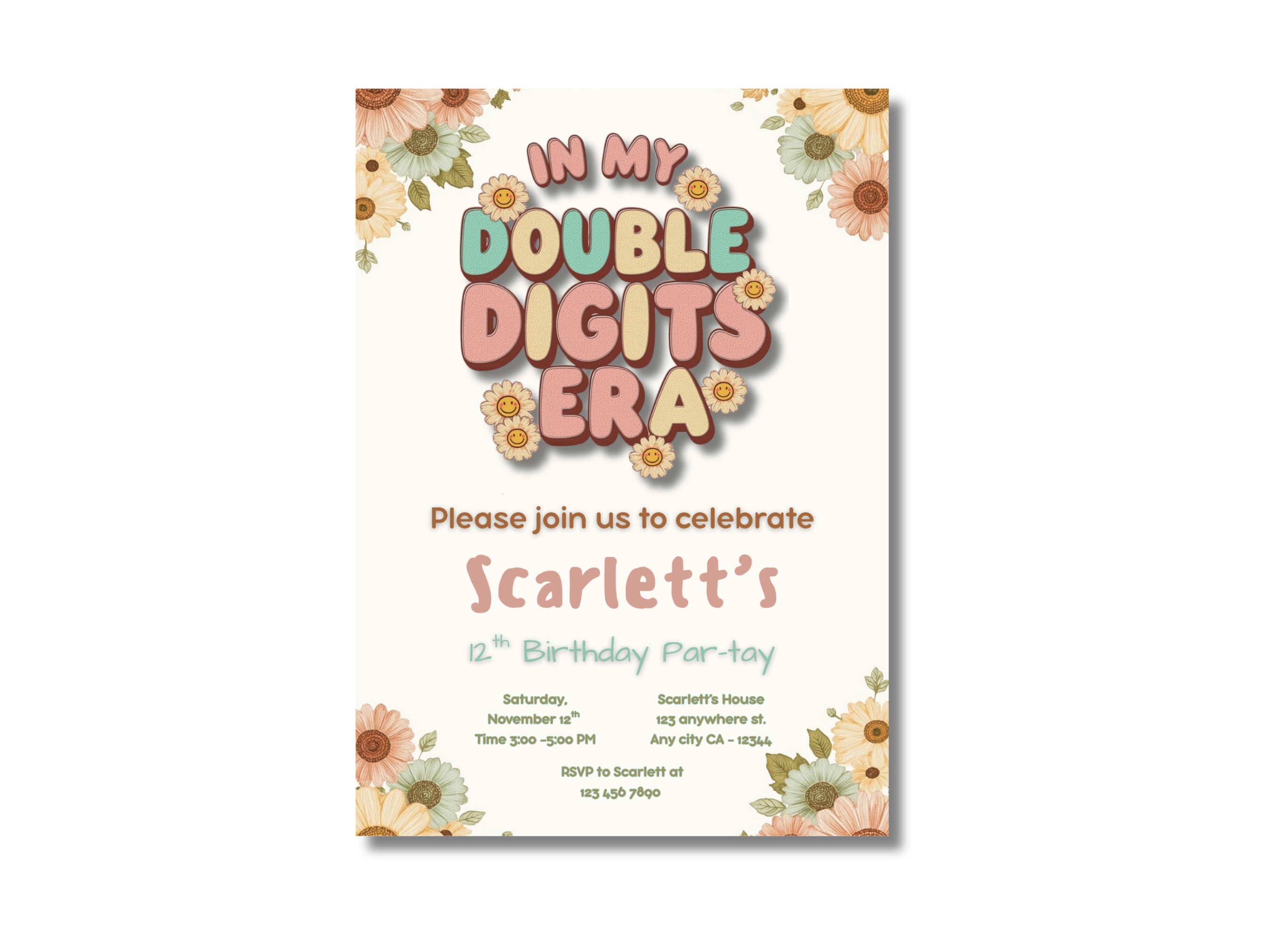 Birthday party invitation with floral design and text 'In My Double Digits Era' on a white background