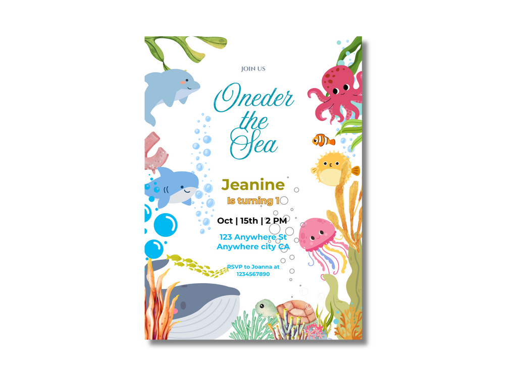 Underwater-themed birthday invitation with sea animals on a white background