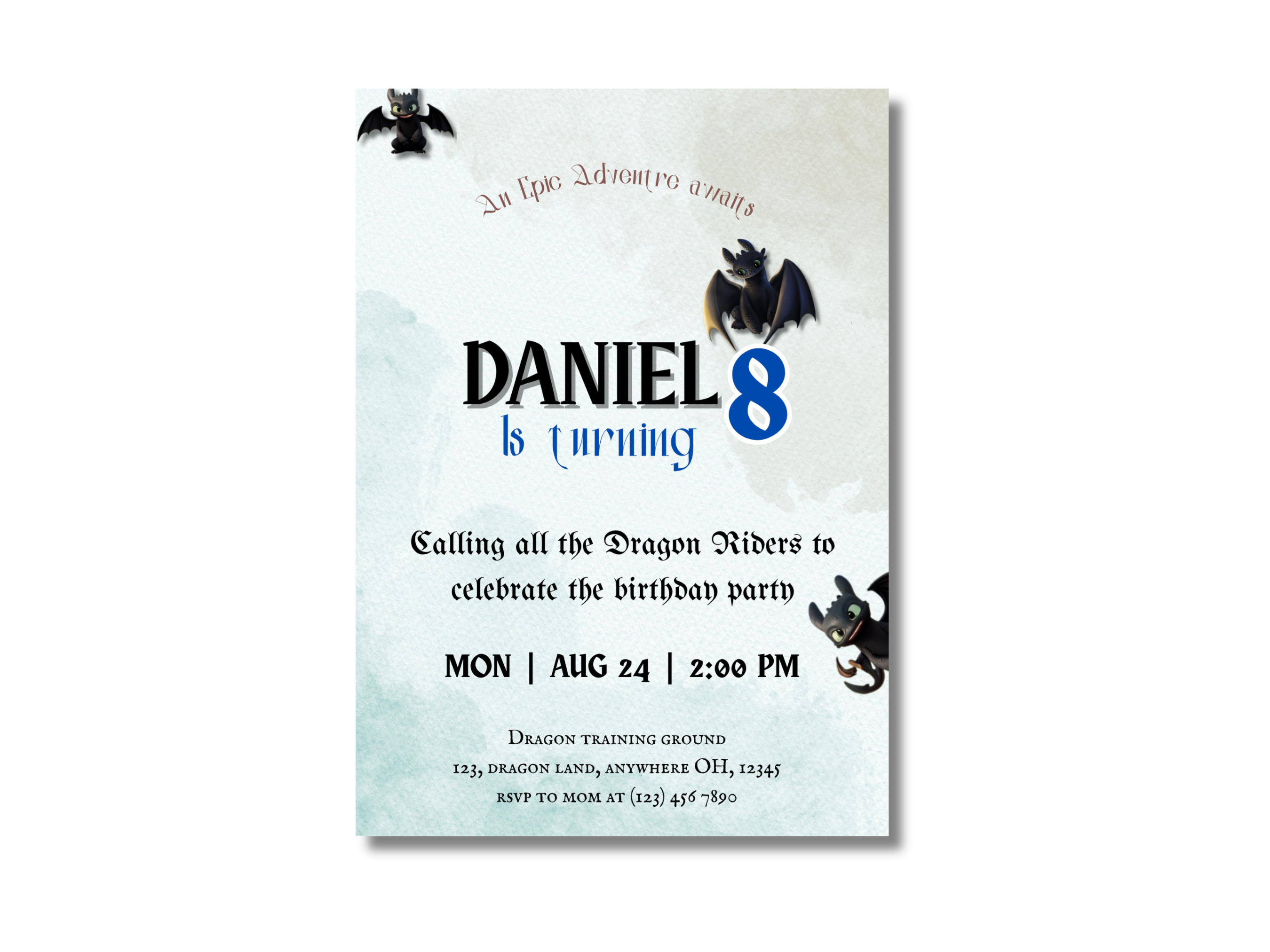Birthday party invitation with dragons and text on a white background