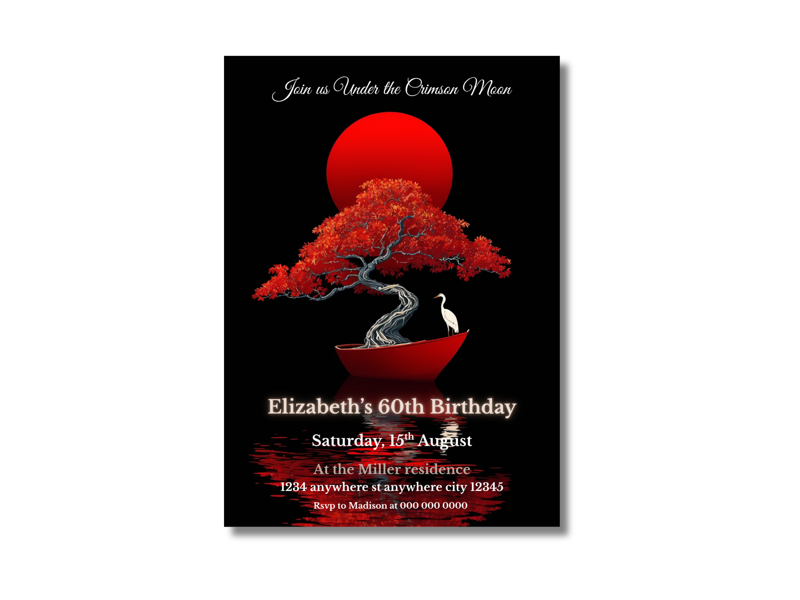 Birthday invitation card with red sun and tree design on a black background