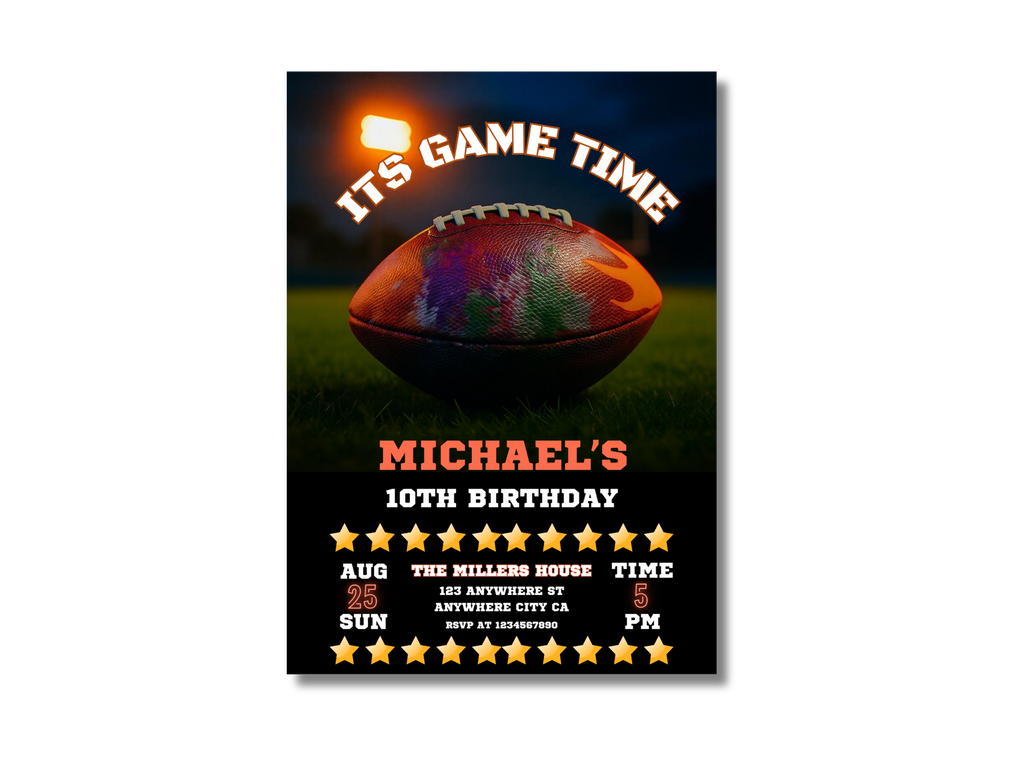 Birthday invitation card with football design and text on a dark background
