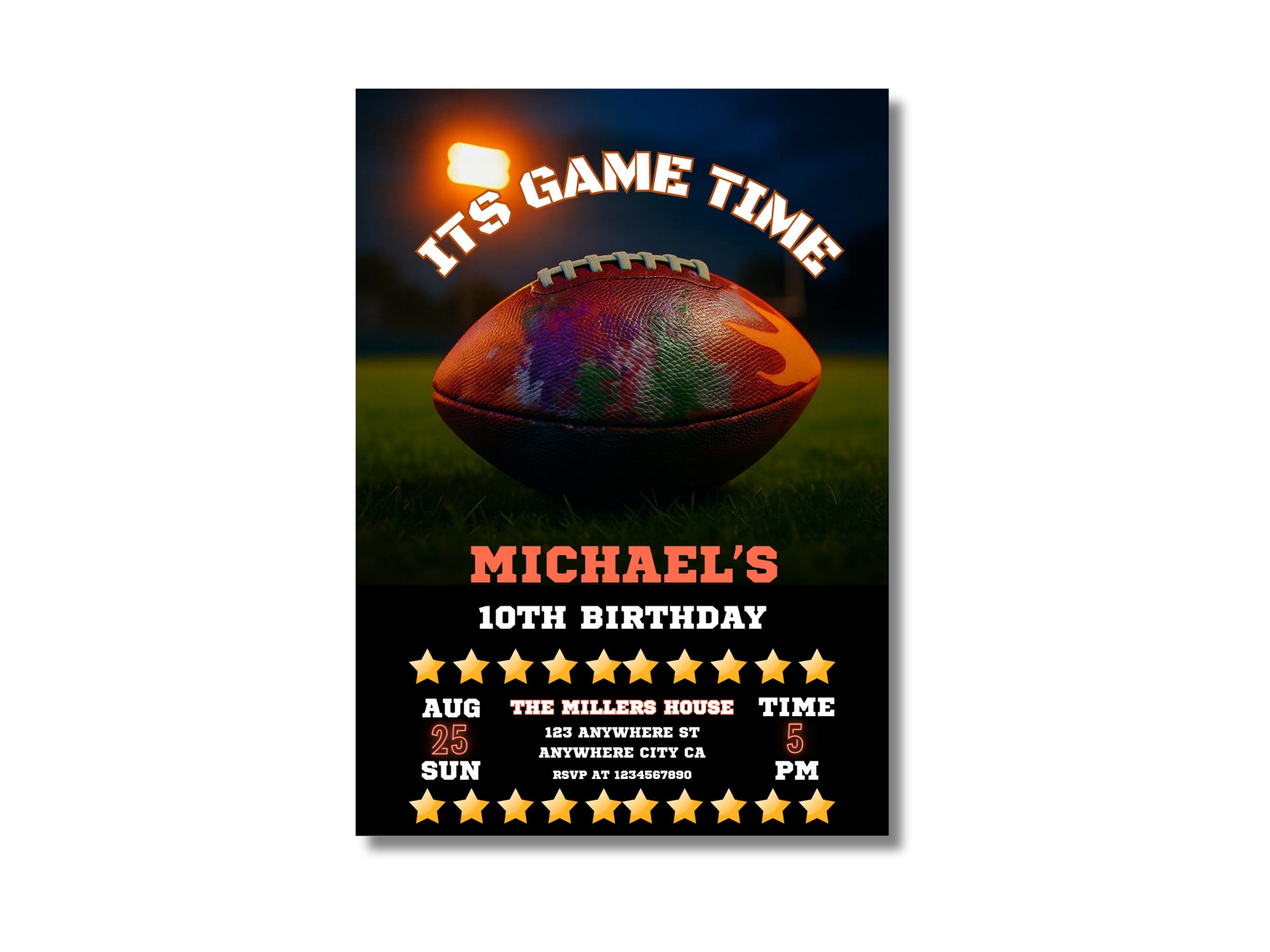 Birthday invitation card with football design and text on a dark background