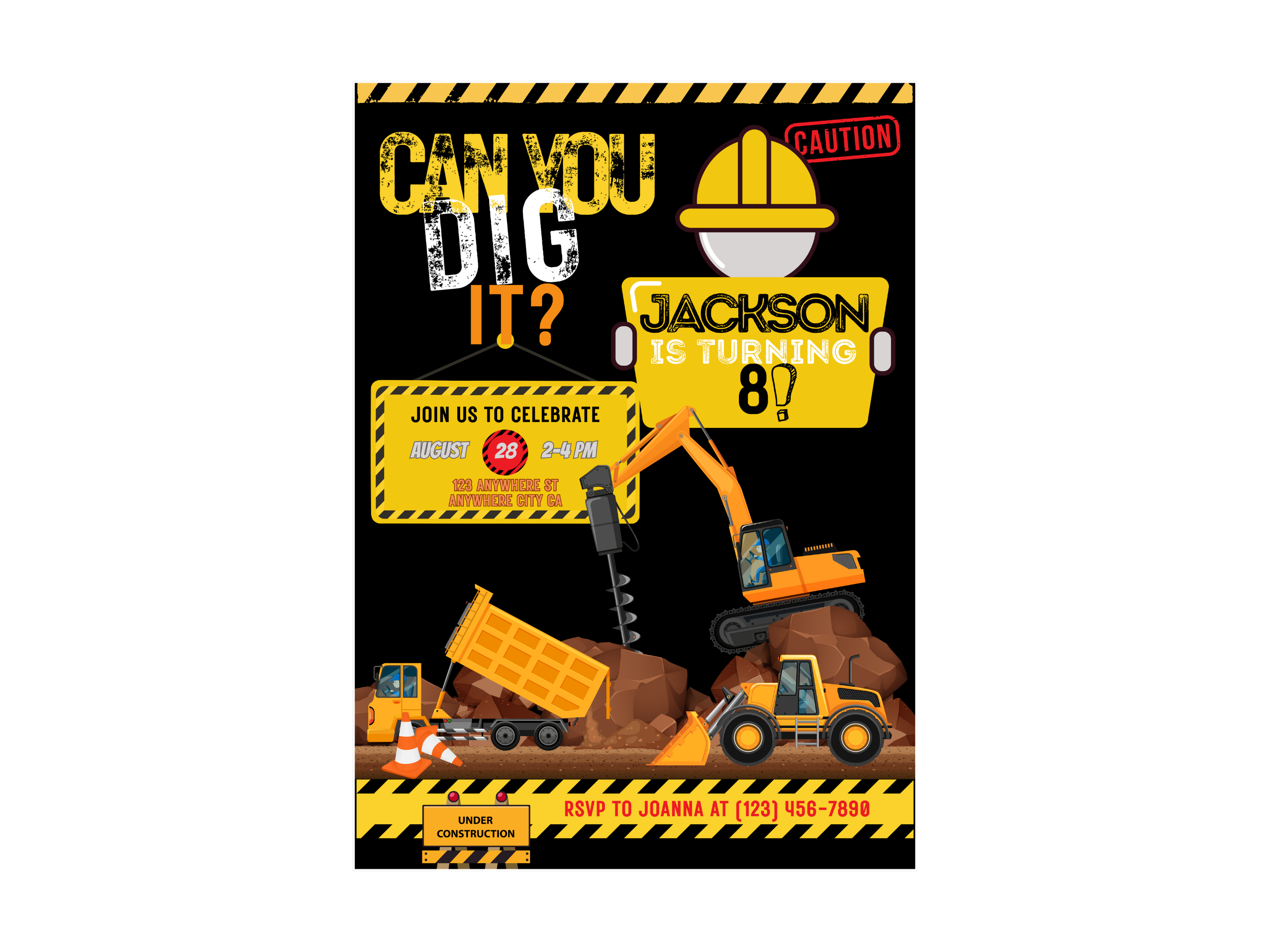 Construction-themed birthday party invitation with excavator and dump truck graphics.